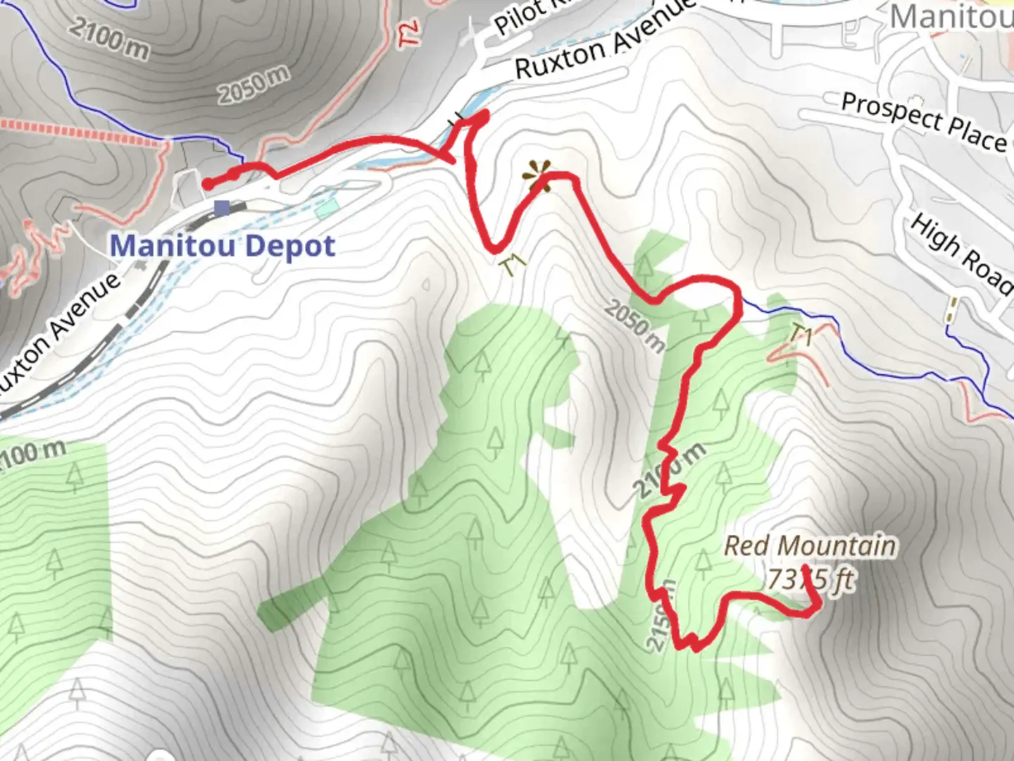 An image depicting the trail Red Mountain from Manitou Depot and its surrounding area.