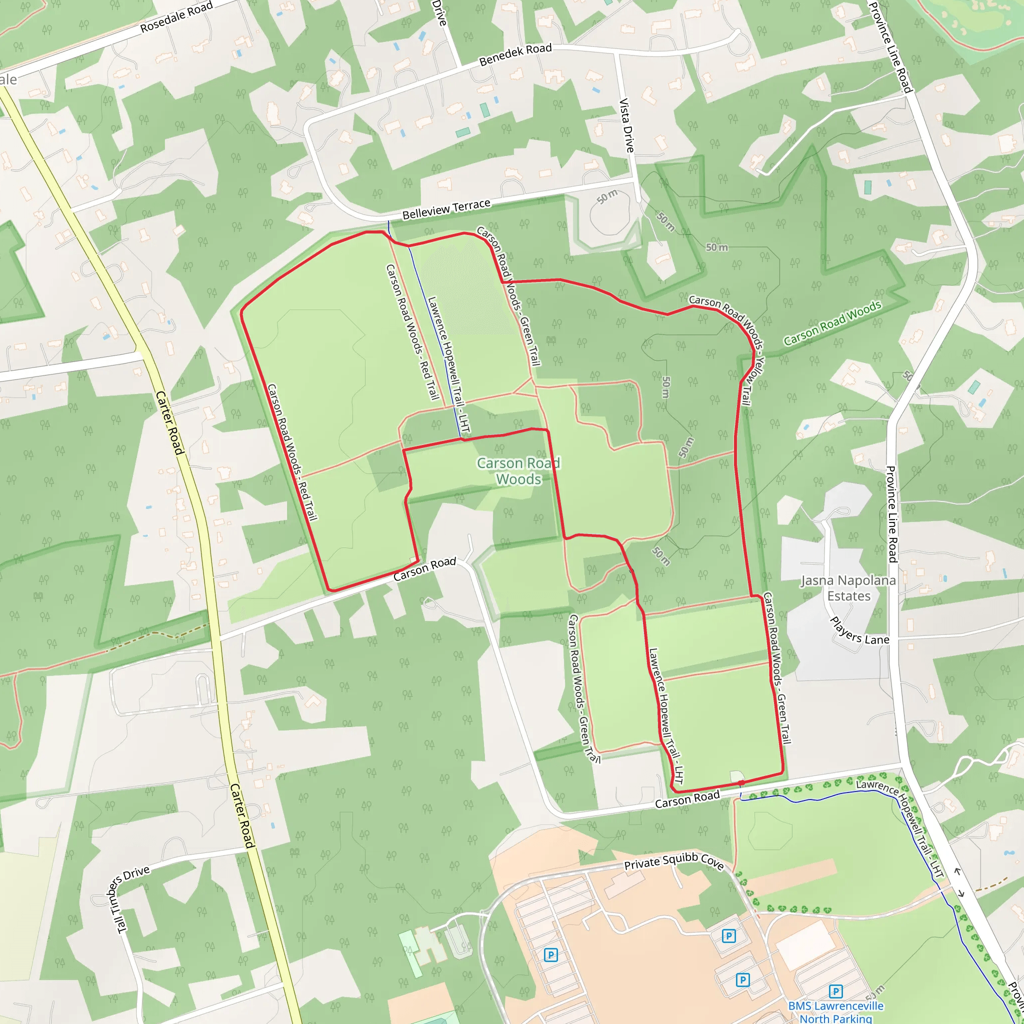 Carson Road Woods - Red, Yellow and Green Loop Trail mobile static map