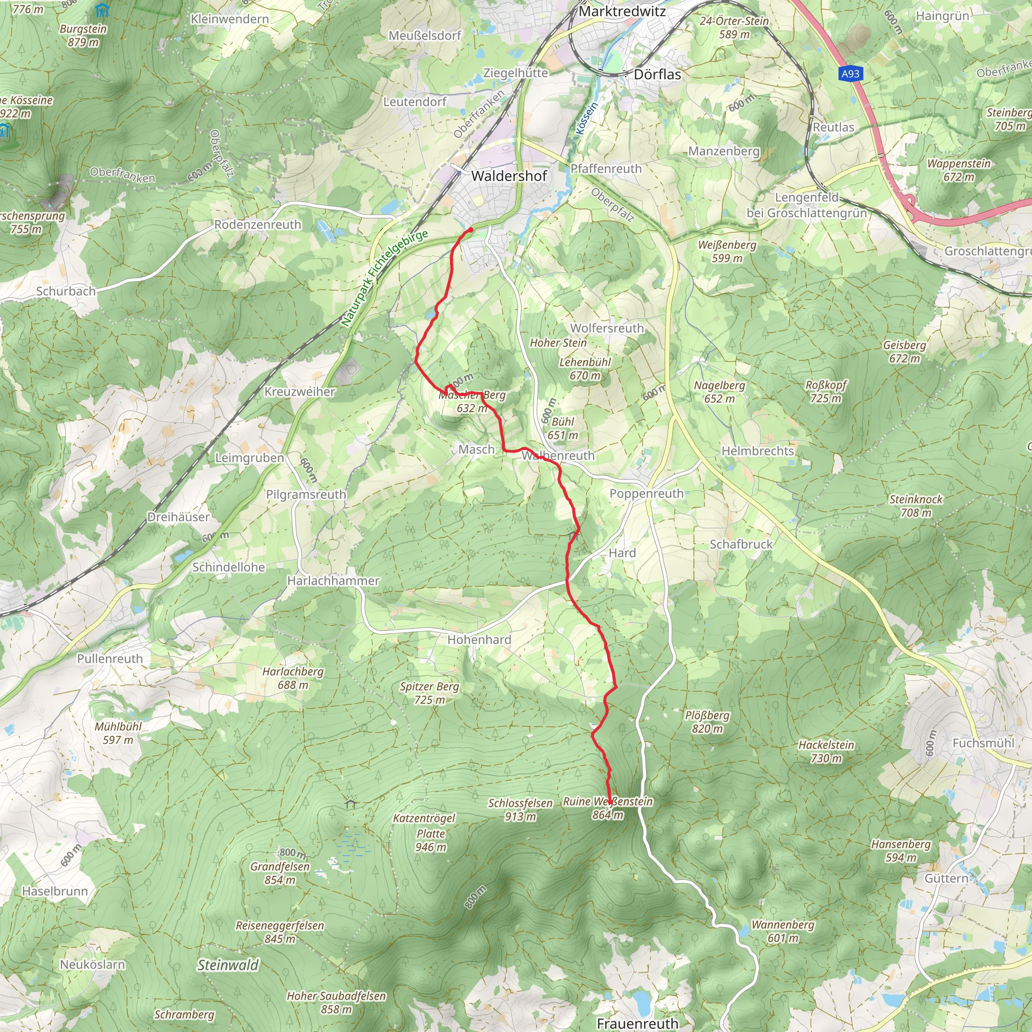 Ruine Weissenstein to Waldershof via Burgenweg mobile static map