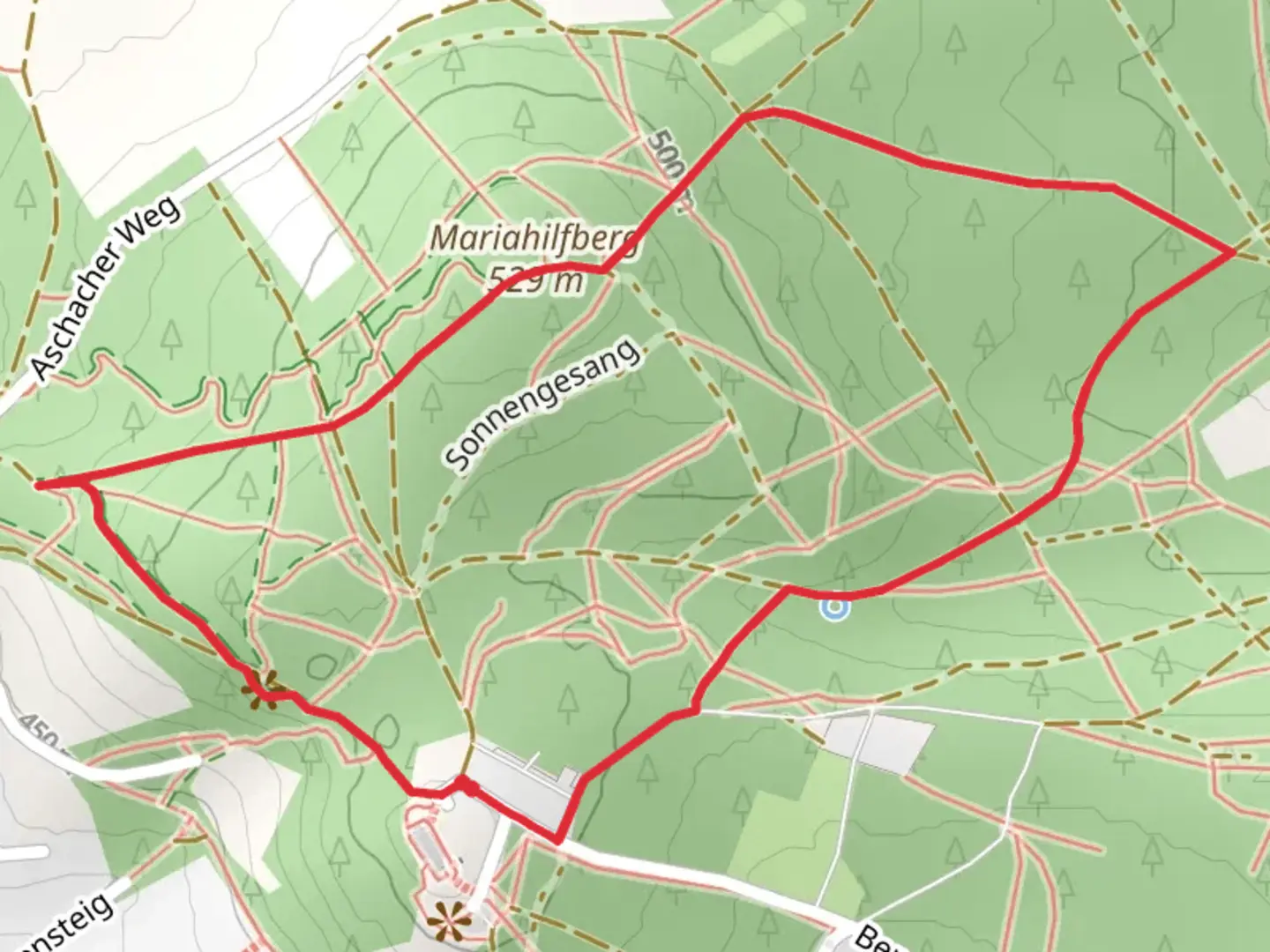 An image depicting the trail Pilz and Mariahilfberg via Sonnengesang and its surrounding area.