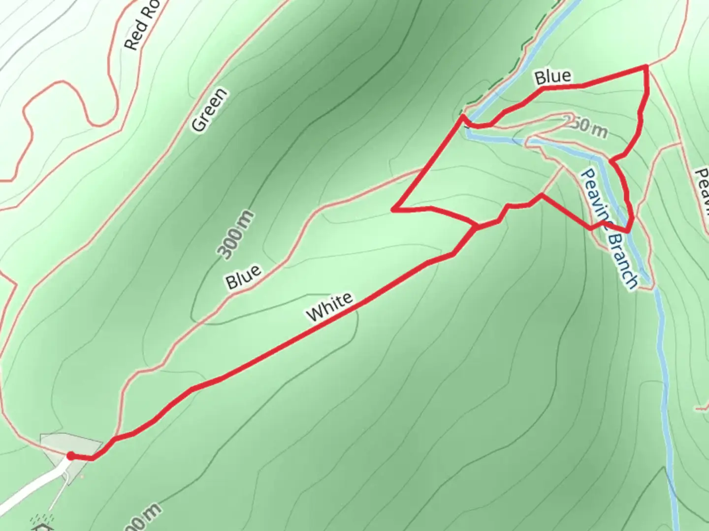 An image depicting the trail White and Blue Trail from Oak Mountain Park Road and its surrounding area.
