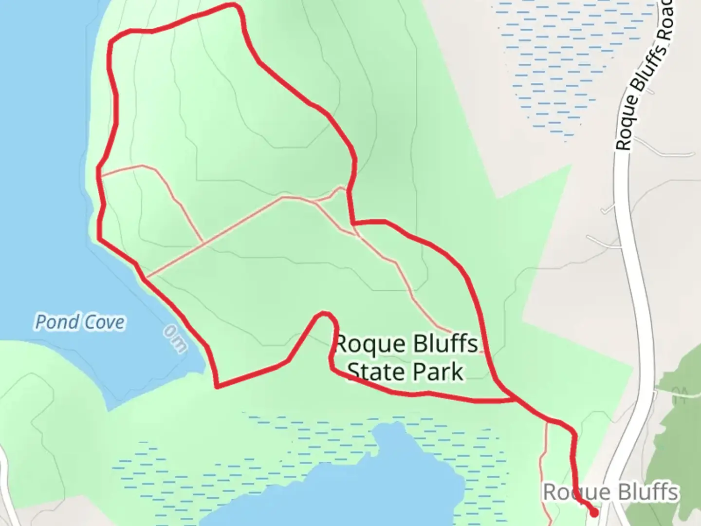 An image depicting the trail Roque Bluffs State Park Loop and its surrounding area.
