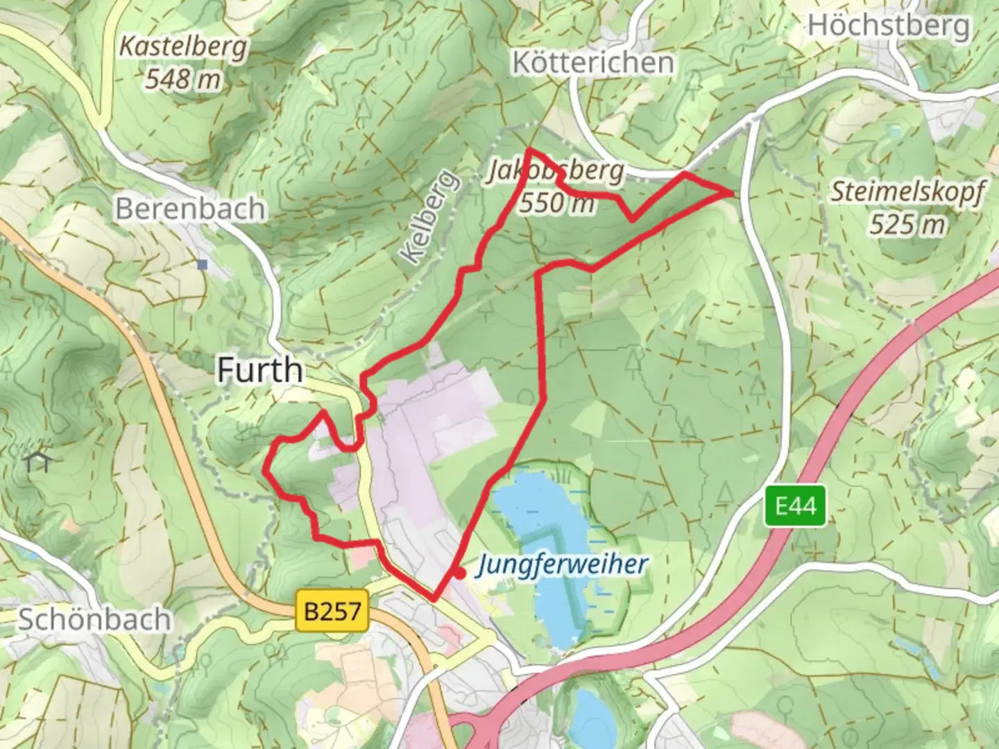 An image depicting the trail Jakobsberg via Vulkanweg and its surrounding area.