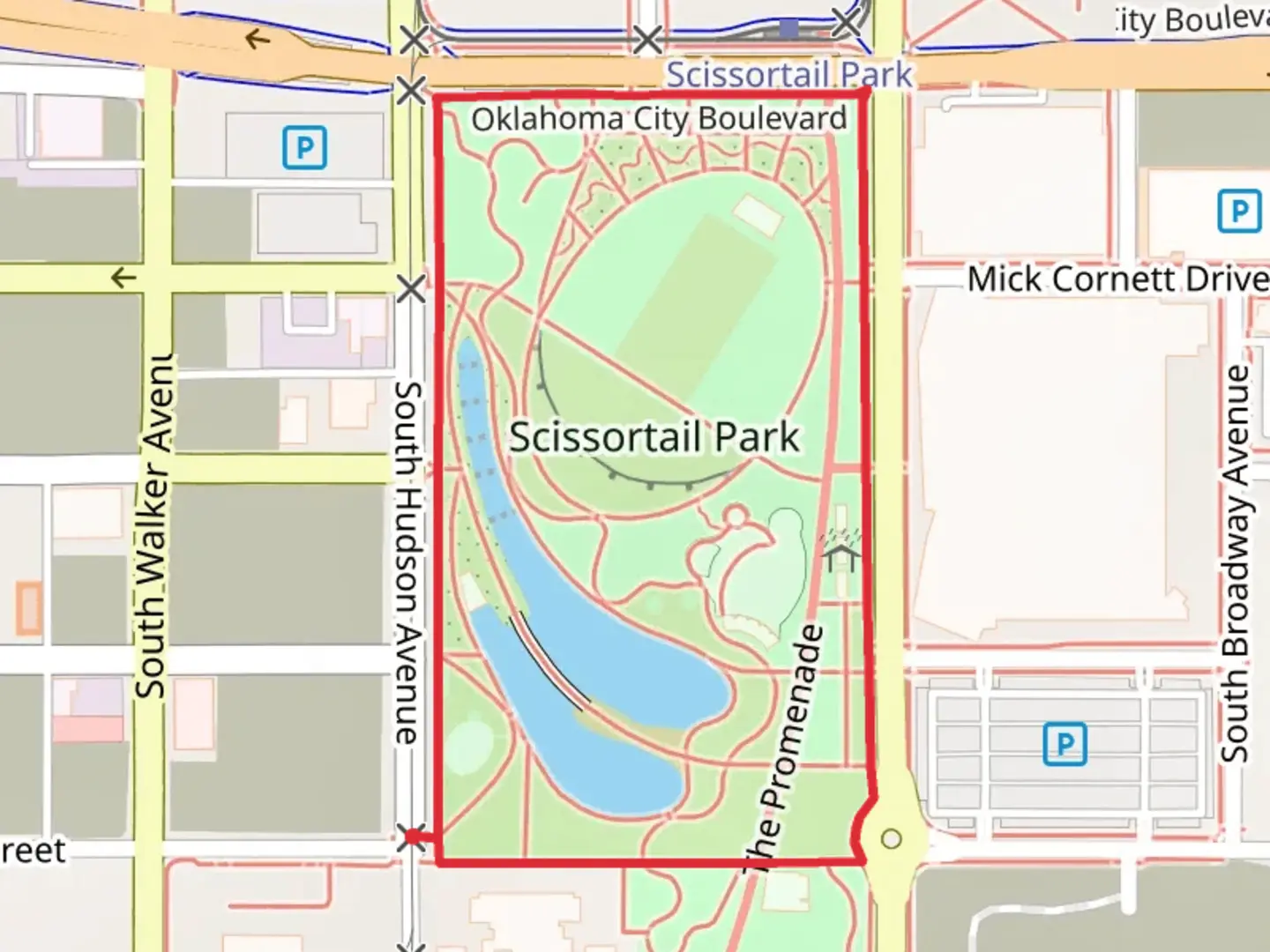 An image depicting the trail Scissortail Park Loop and its surrounding area.