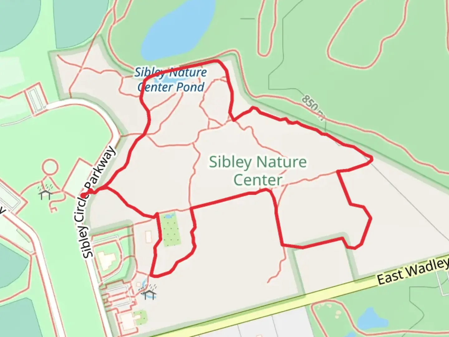 An image depicting the trail Sibley Nature Center Pond and Sybley Pond Loop and its surrounding area.