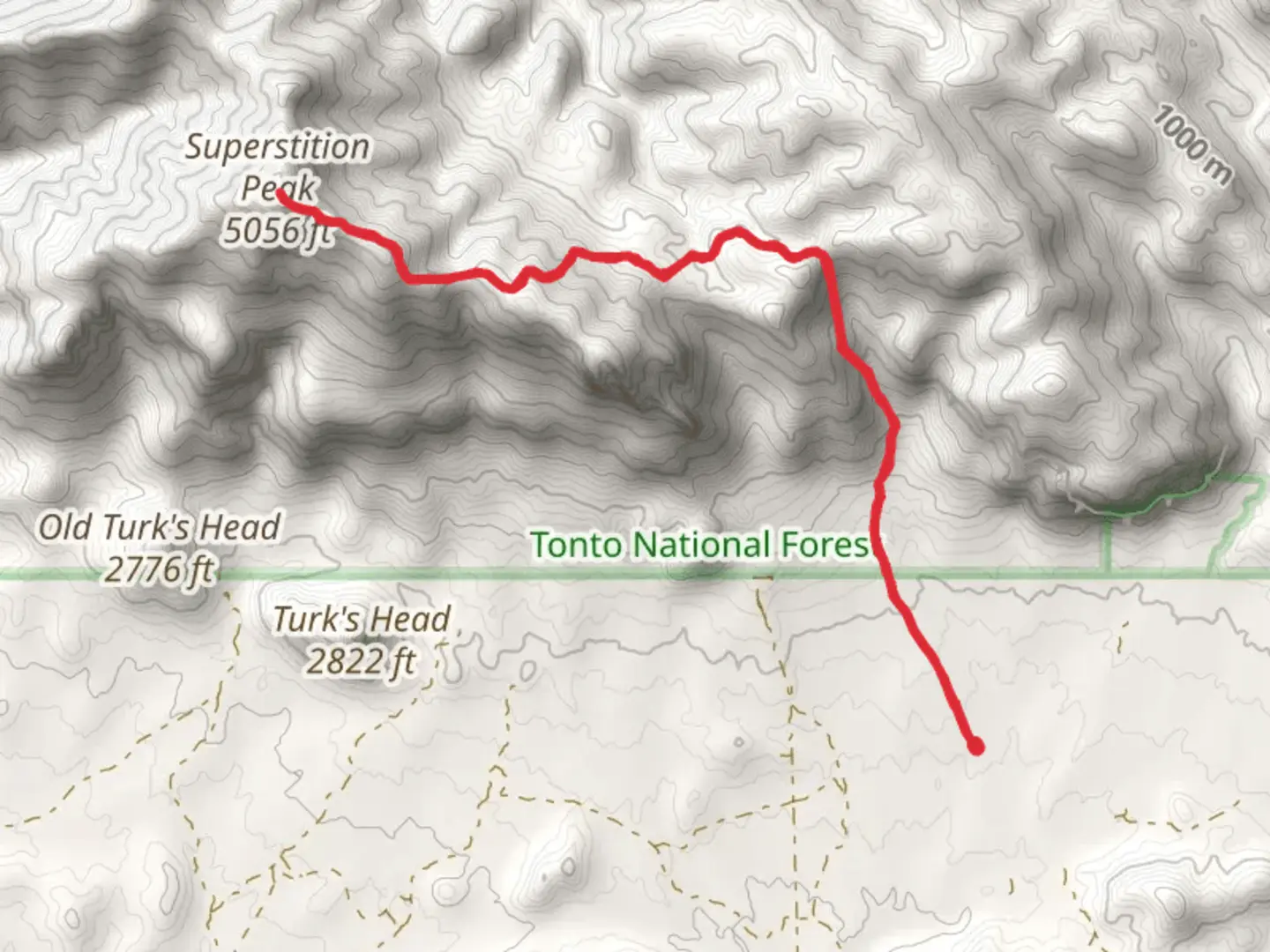 An image depicting the trail Superstition Peak via Superstition Ridgeline Trail and its surrounding area.