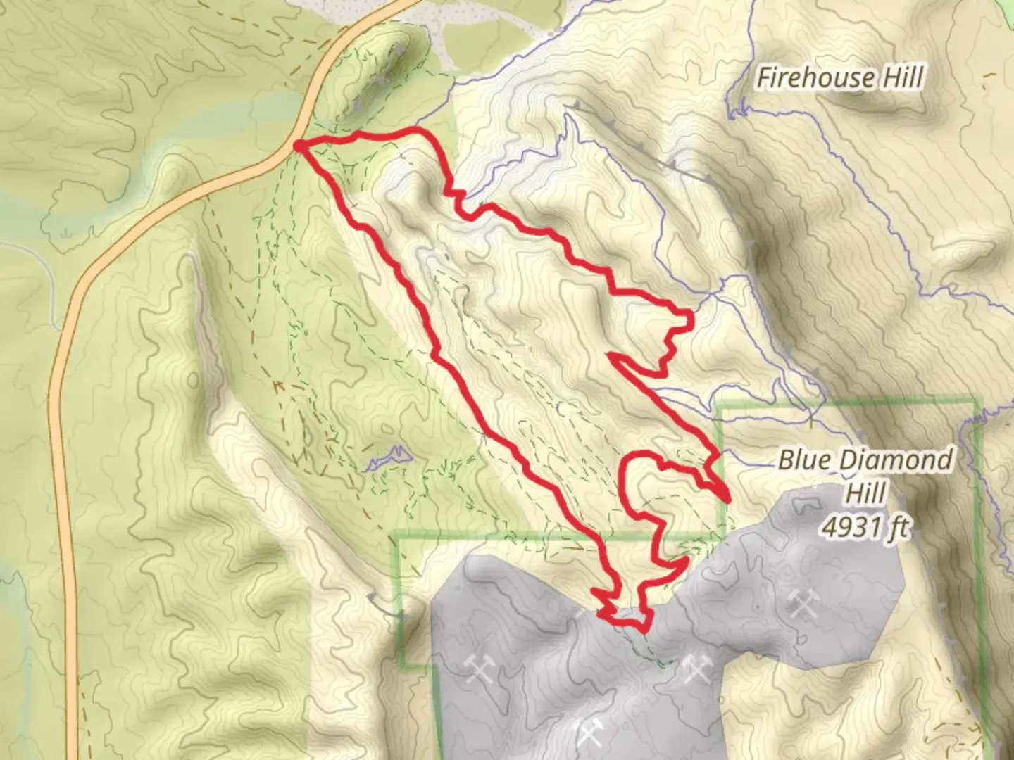 An image depicting the trail Bone Shaker, Bob Gnarly and Rock Garden Loop and its surrounding area.