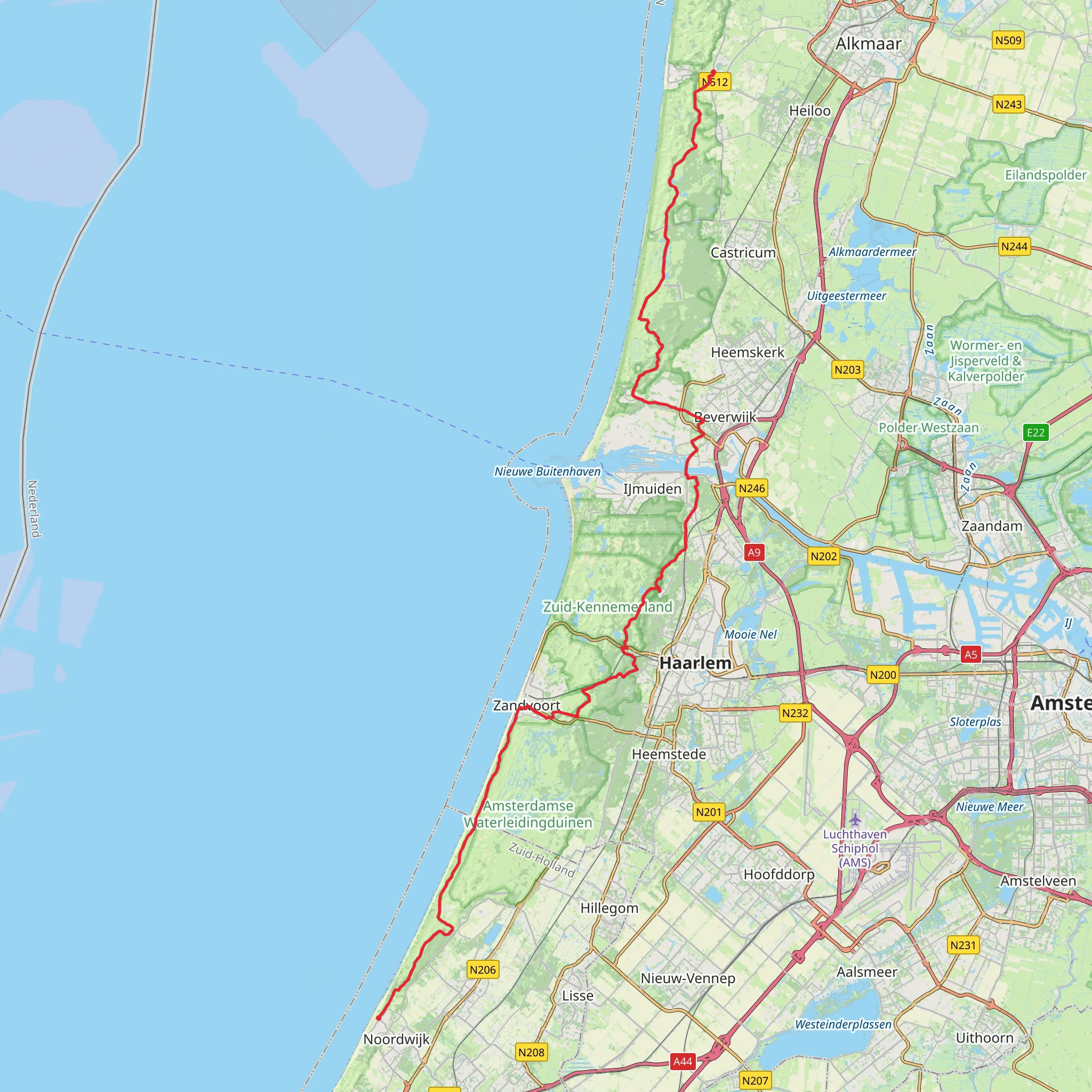 Herenweg to Noordwijk aan zee via Van Oldenborghweg and Rijwielpad Boswachterij Noordwijk mobile static map