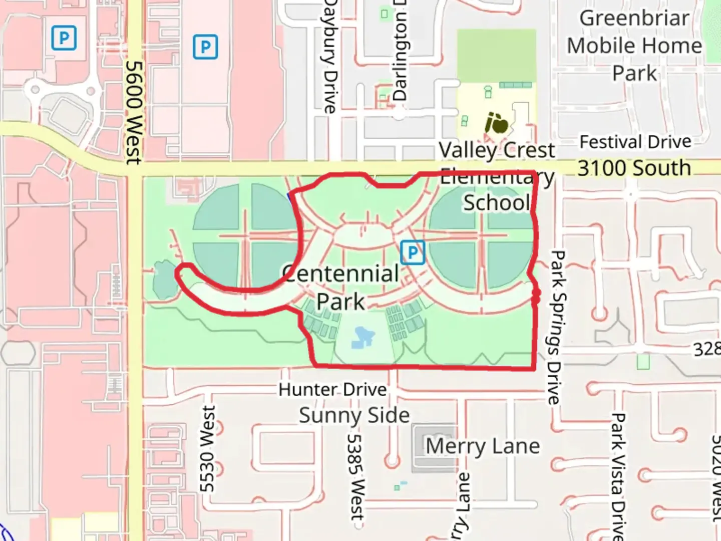 An image depicting the trail Centennial Park Loop and its surrounding area.