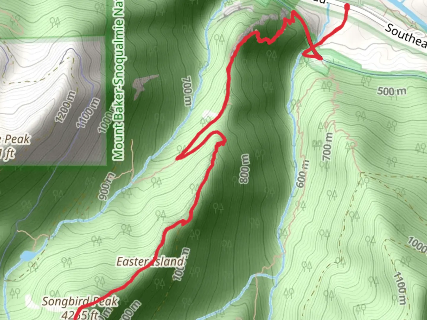 An image depicting the trail Songbird Peak and Easter Island via Hall Creek Trail and its surrounding area.