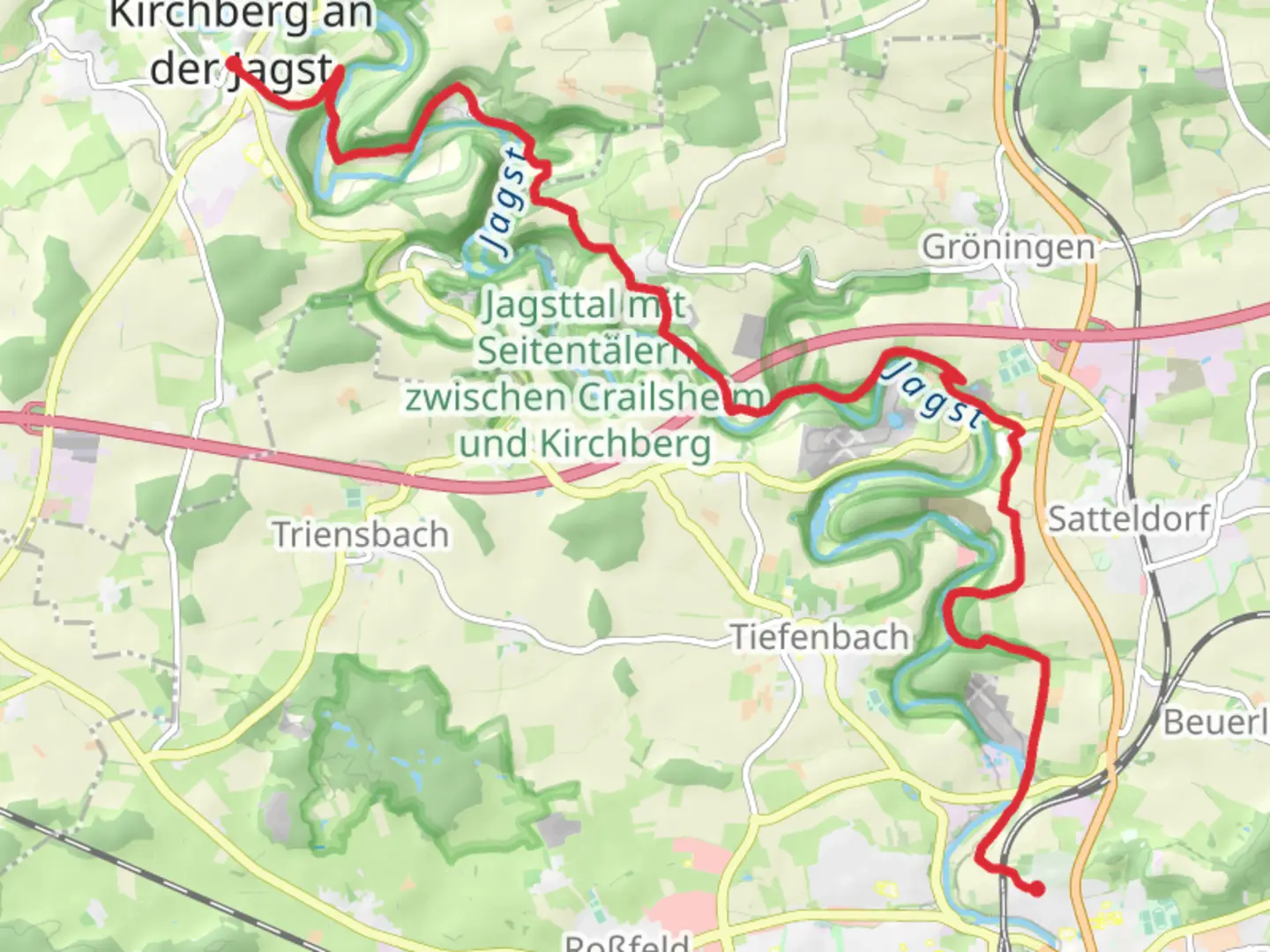 An image depicting the trail Kirchberg an der Jagst to Schiessberg Walk cia River Jagst and its surrounding area.