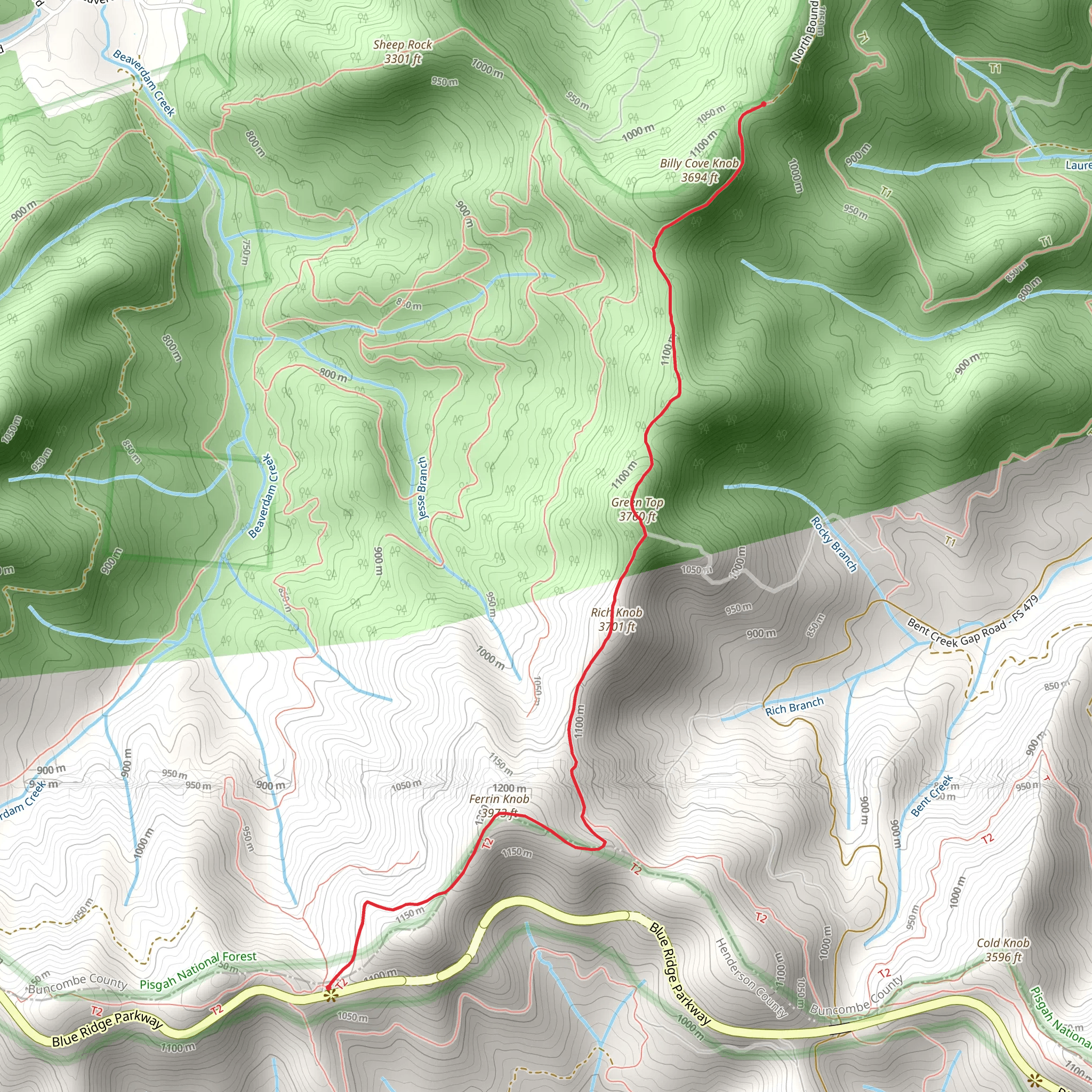 Ferrin Knob, Green Top and Billy Cove Gap via Shut-In Trail mobile static map