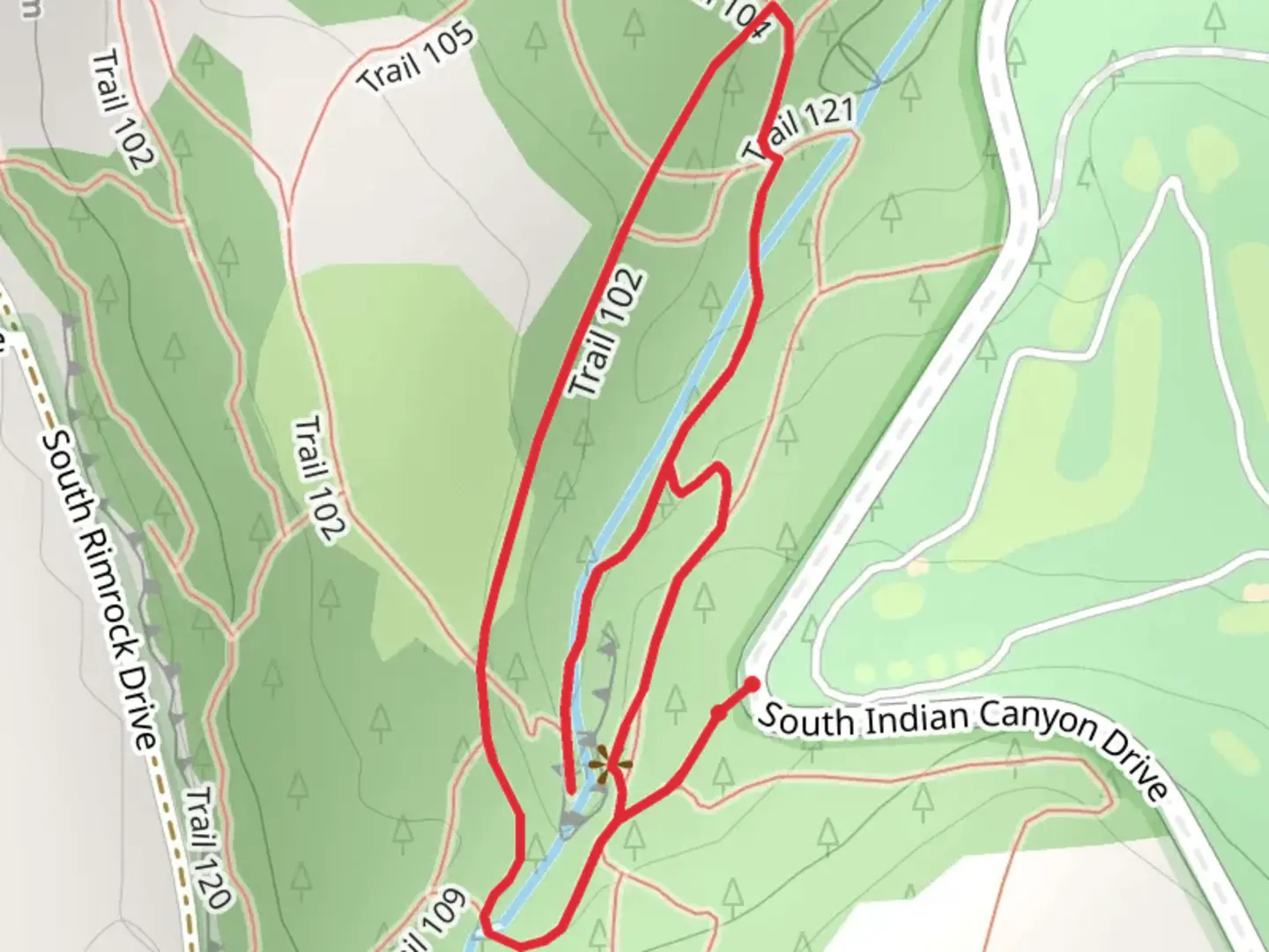 An image depicting the trail Trail 121 and Indian Canyon Creek Loop and its surrounding area.