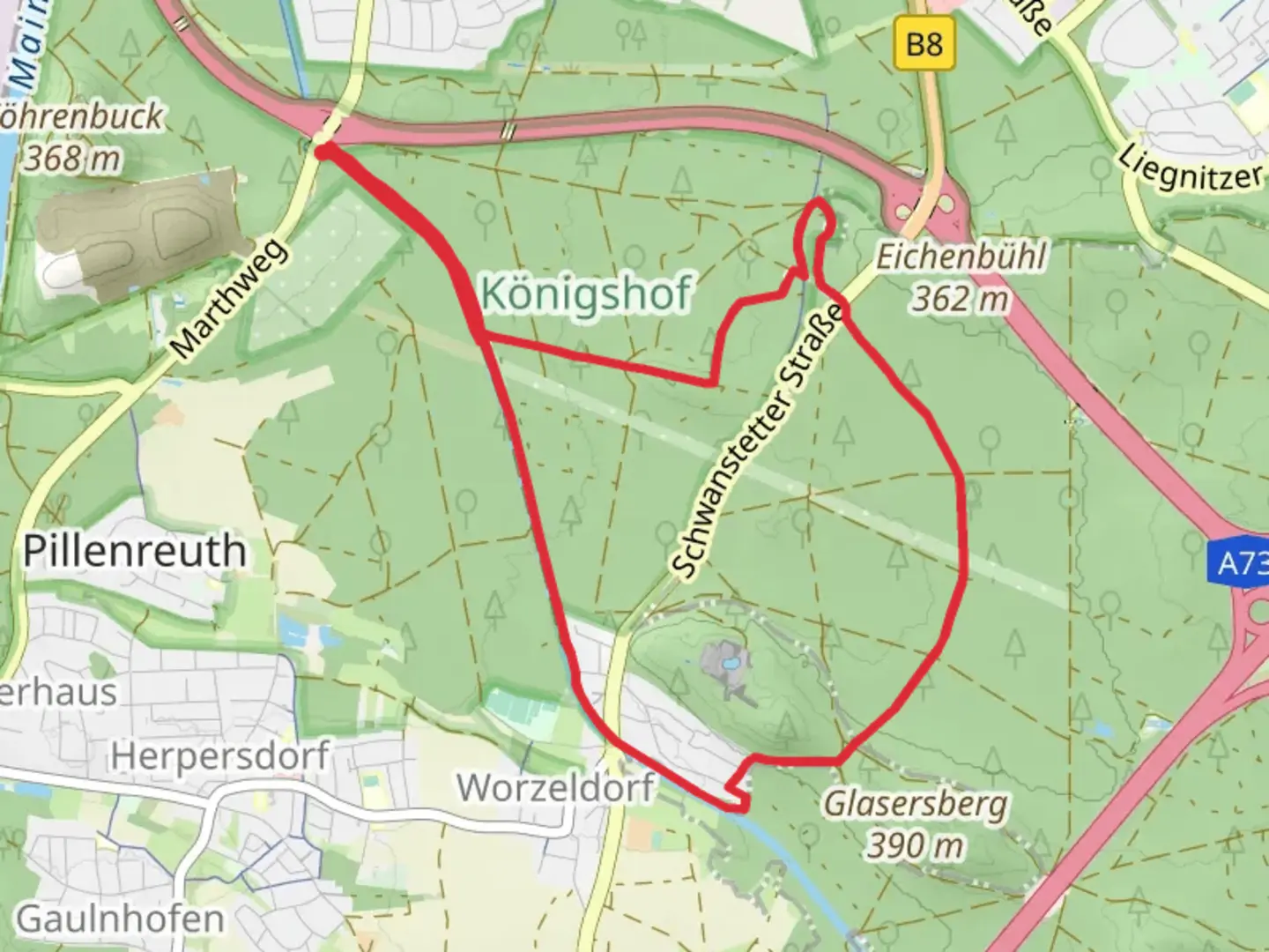 An image depicting the trail Laende Worzeldorf and Nürnberg-Langwasser - Pilenreuth and Schleusen and its surrounding area.