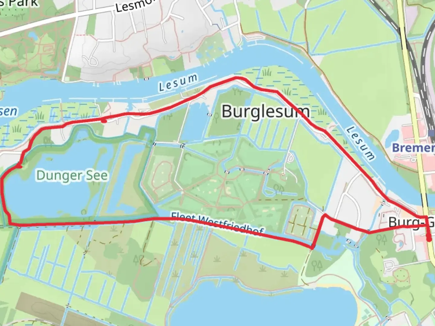An image depicting the trail Dunger See via Walerjan-Wrobel-Weg and Heinrich-Mueller Weg and its surrounding area.
