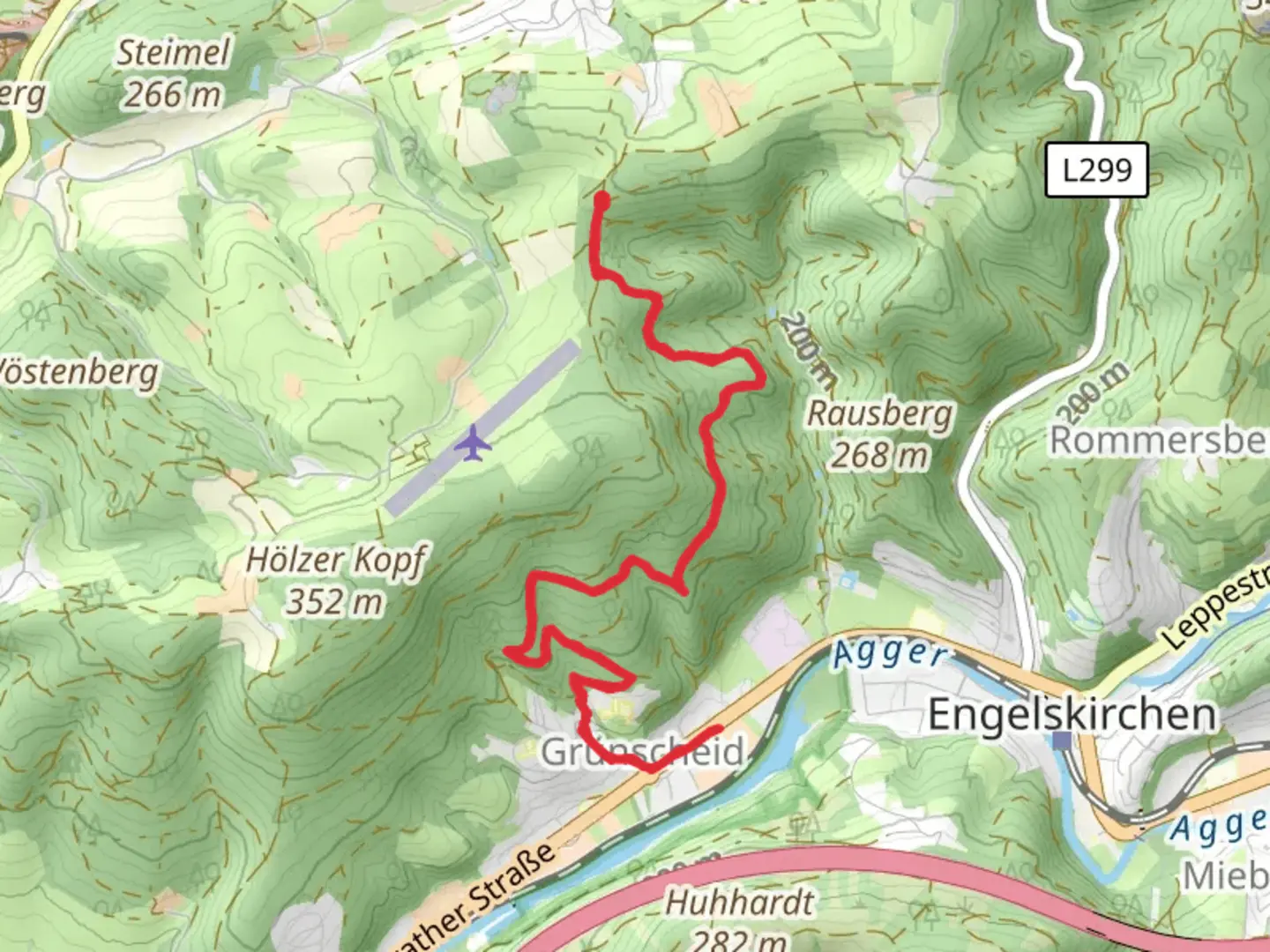 An image depicting the trail Oberschuemmerich to Grunscheid and its surrounding area.