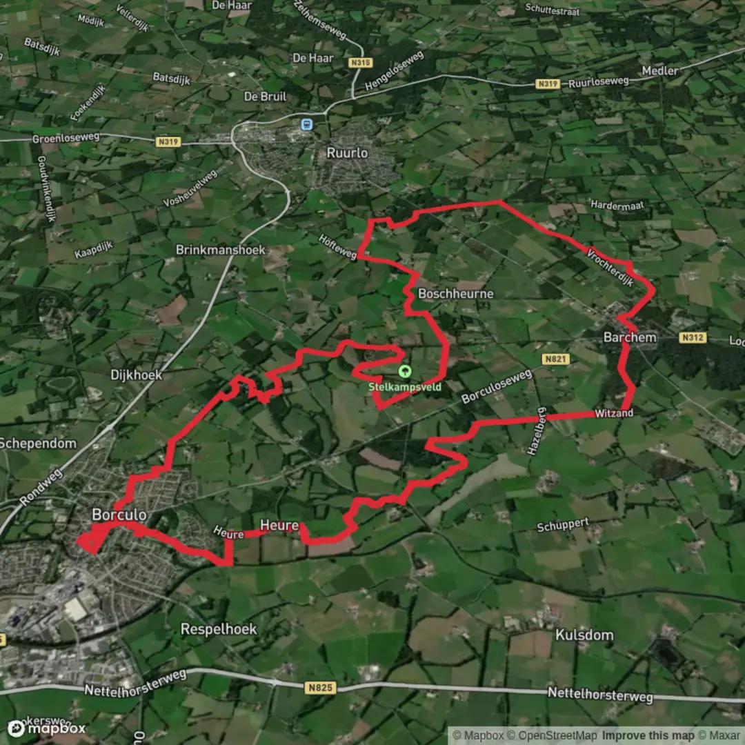 An image depicting the trail Graafschapspad, Rondje Barchem and Stelkampsveld Borculo and its surrounding area.