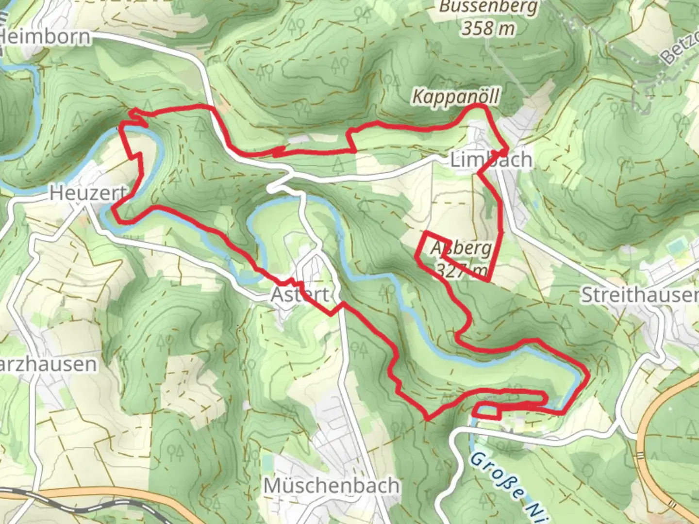 An image depicting the trail Limbach and Abberg Loop and its surrounding area.