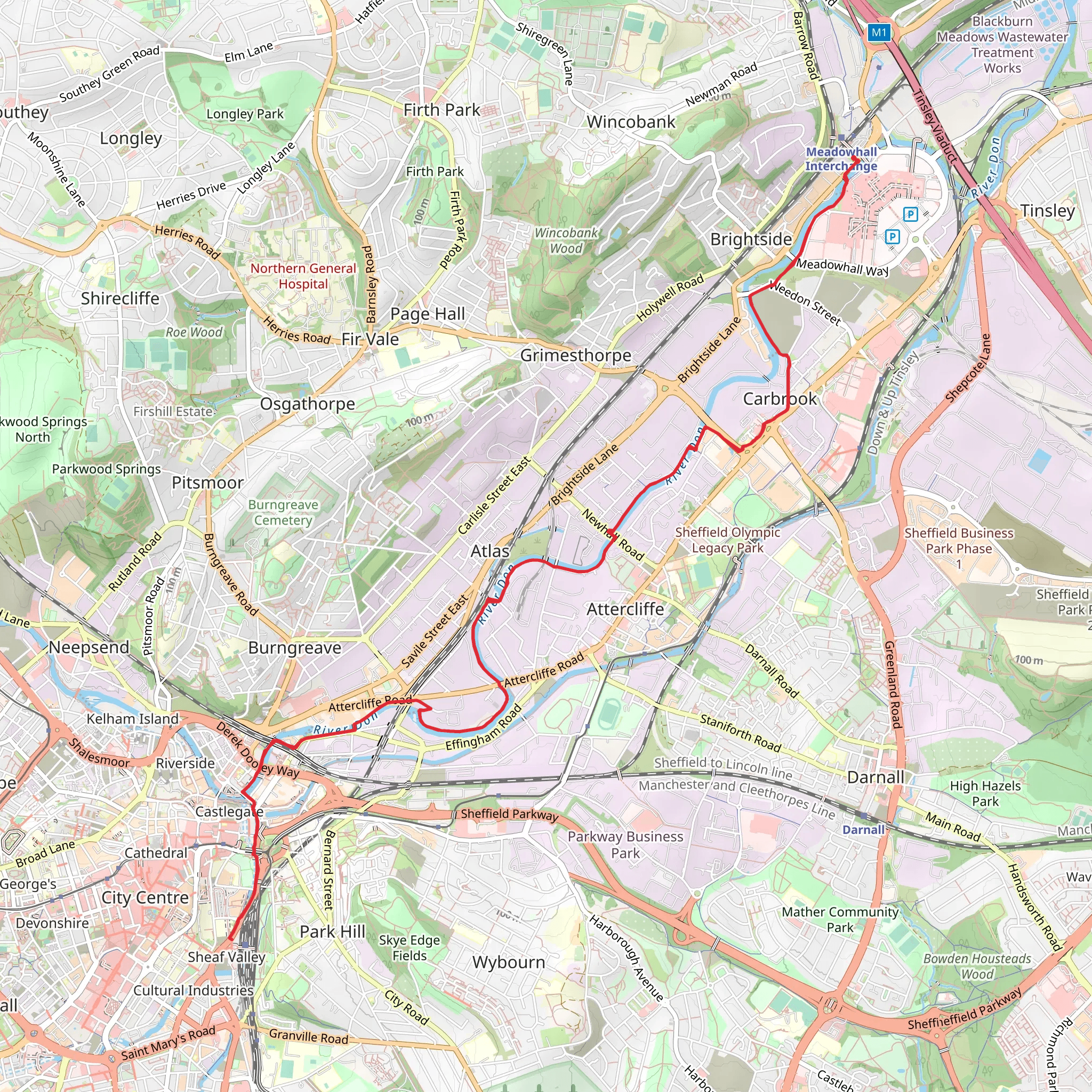 Meadowhall to Sheffield Walk mobile static map
