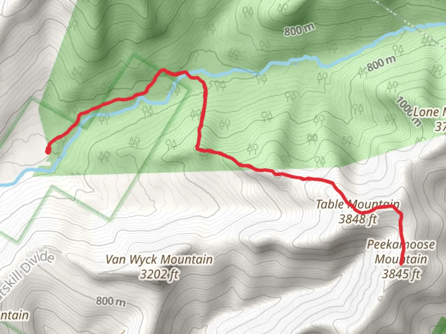 An image depicting the trail Peekamoose Mountain and Table Mountain via Phoenicia - East Branch Trail and its surrounding area.