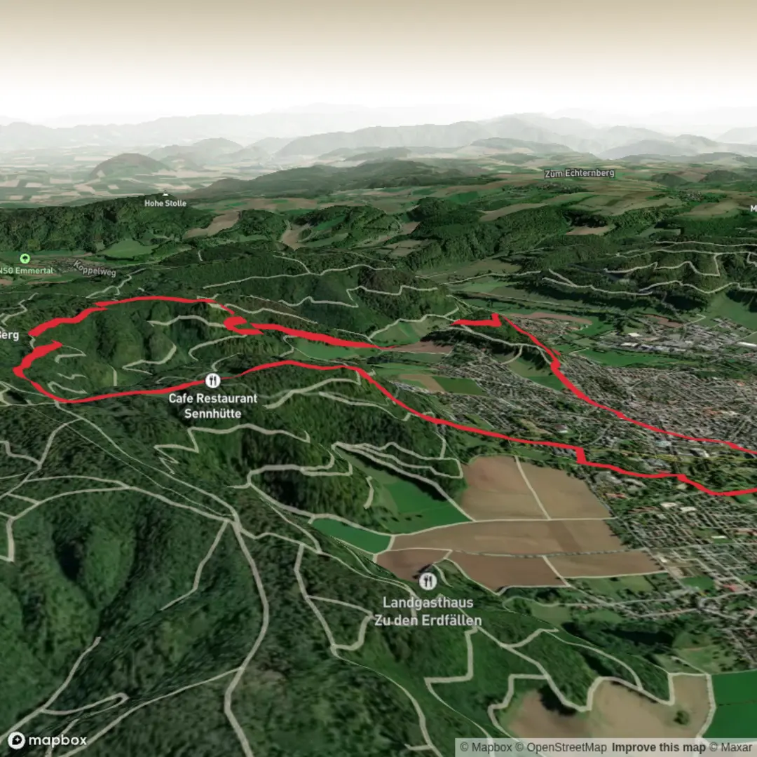 An image depicting the trail Bismarckturm, Schellenberg and Bomberg Loop and its surrounding area.