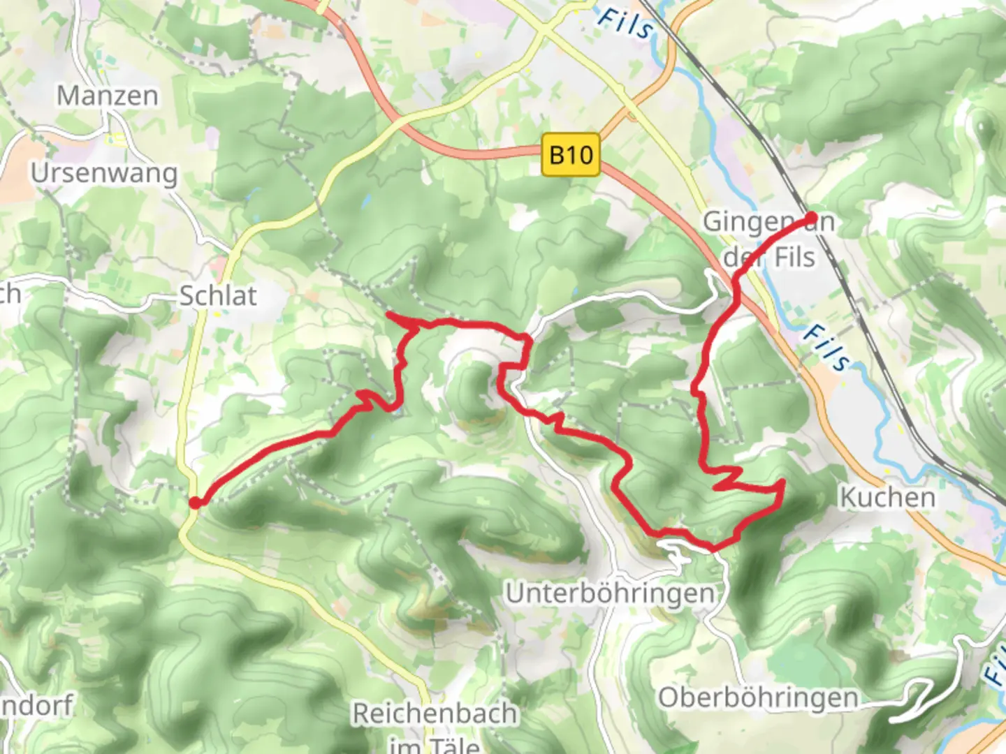 An image depicting the trail Wasserberg to Gingen Walk and its surrounding area.