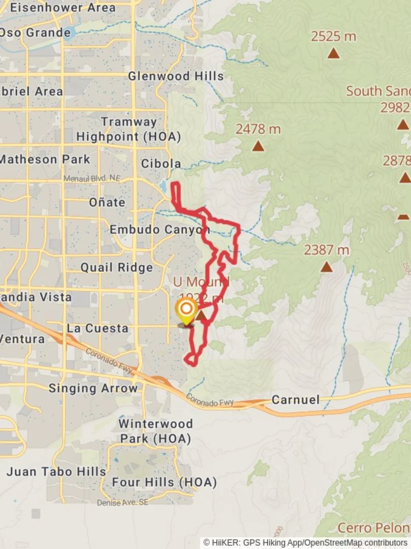 An image depicting the trail Foothills Trail and Embudo Arroyo Loop and its surrounding area.