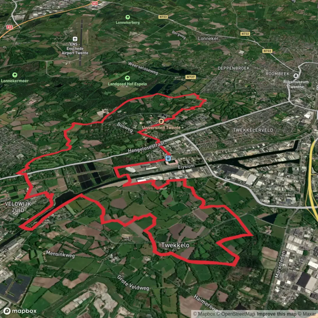 An image depicting the trail Twentekanaal and Kristalbad via Rondje Hengelo and Enschede and its surrounding area.