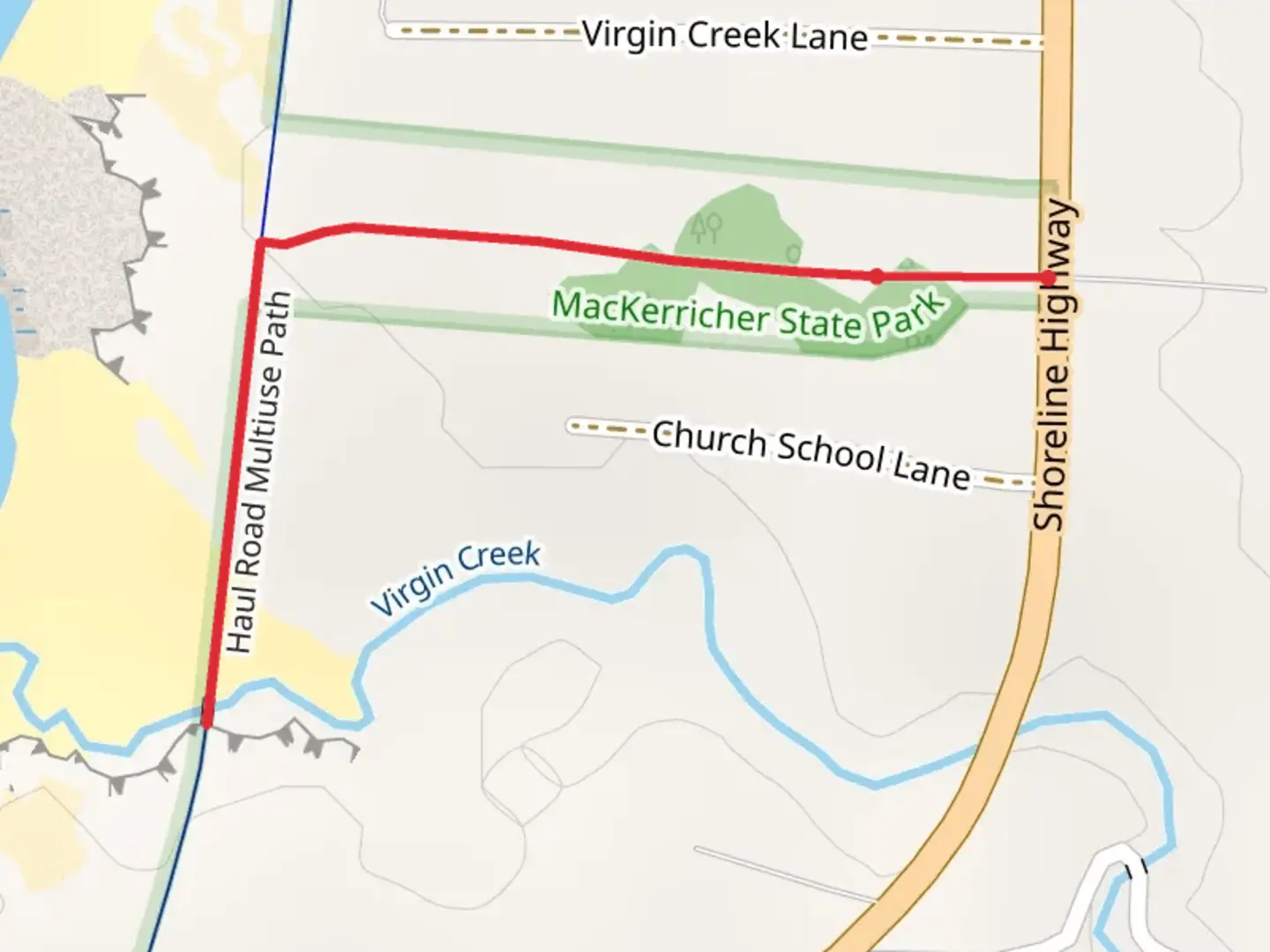 An image depicting the trail Virgin Creek via Haul Road Multiuse Path Out and Back and its surrounding area.