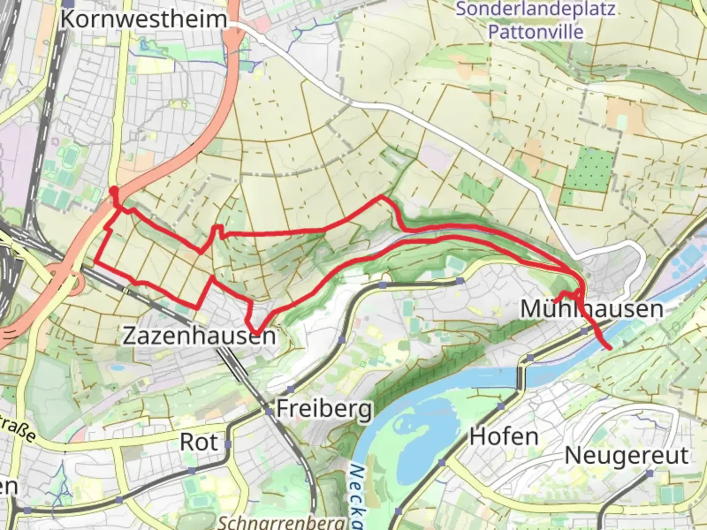 An image depicting the trail Vier Burgen Steg via Bachhalde and Eschbach Rundweg and its surrounding area.