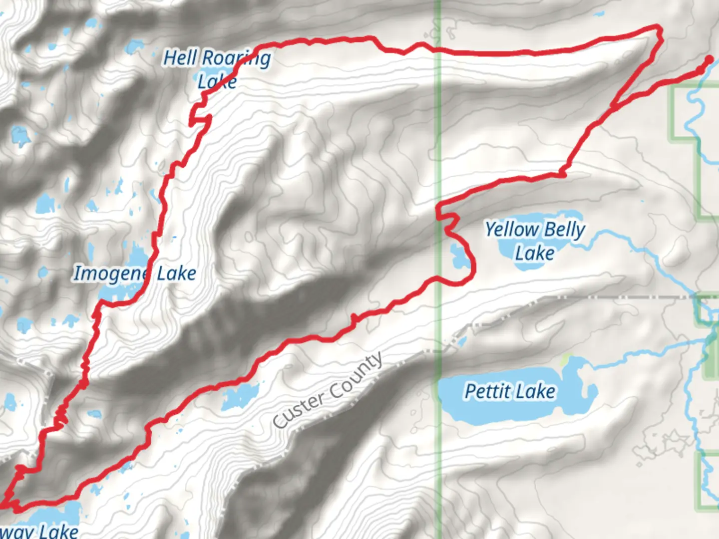 An image depicting the trail Hell Roaring Lake, Imogene Lake and Yellowbelly Loop Trail and its surrounding area.
