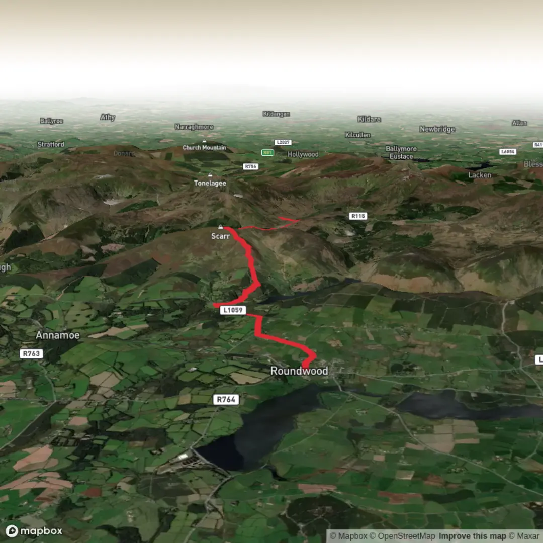 An image depicting the trail Roundwood to Lough Ouler and its surrounding area.