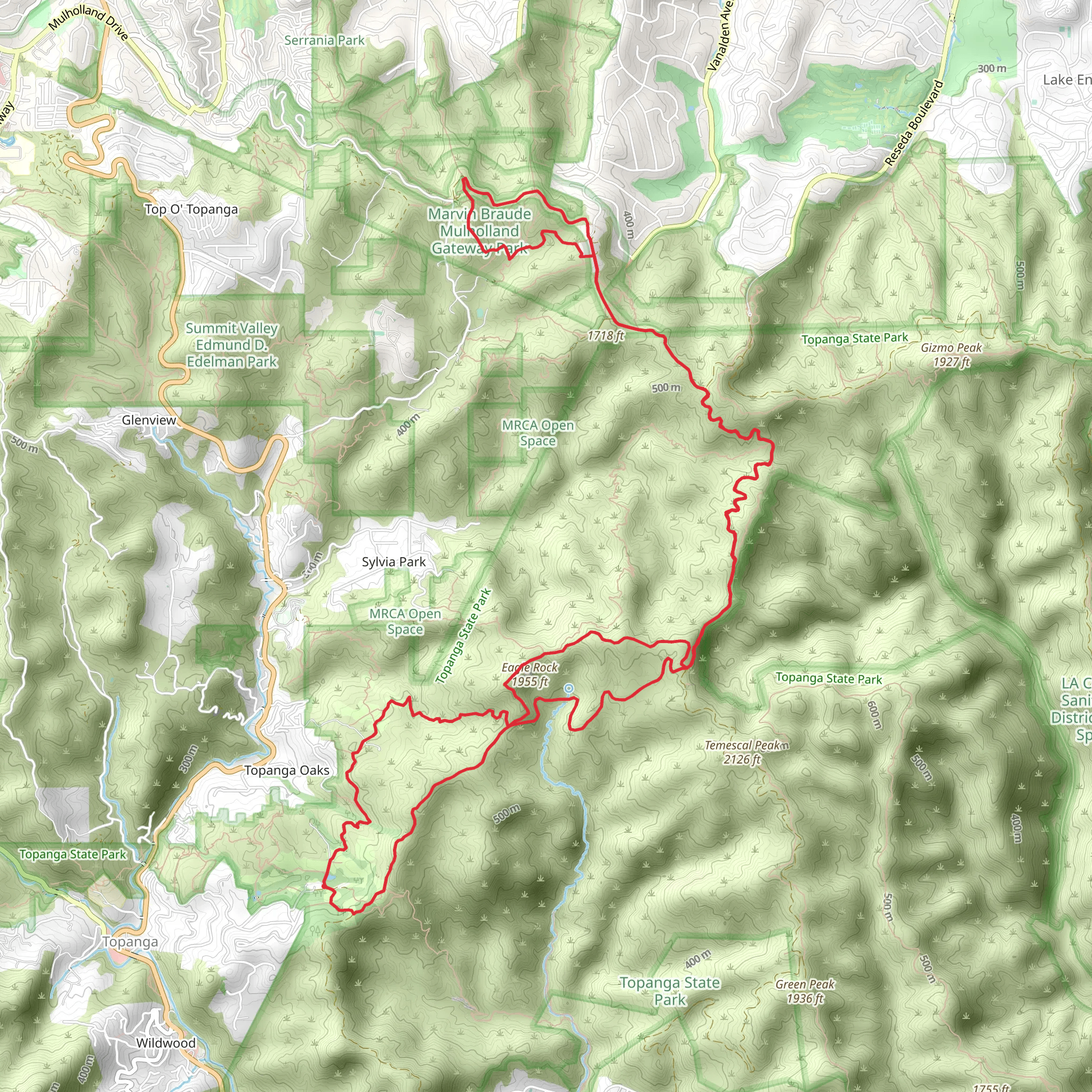 Eagle Springs Fire Road-Mulholland Drive-Backbone Trail and Musch Trail Loop mobile static map