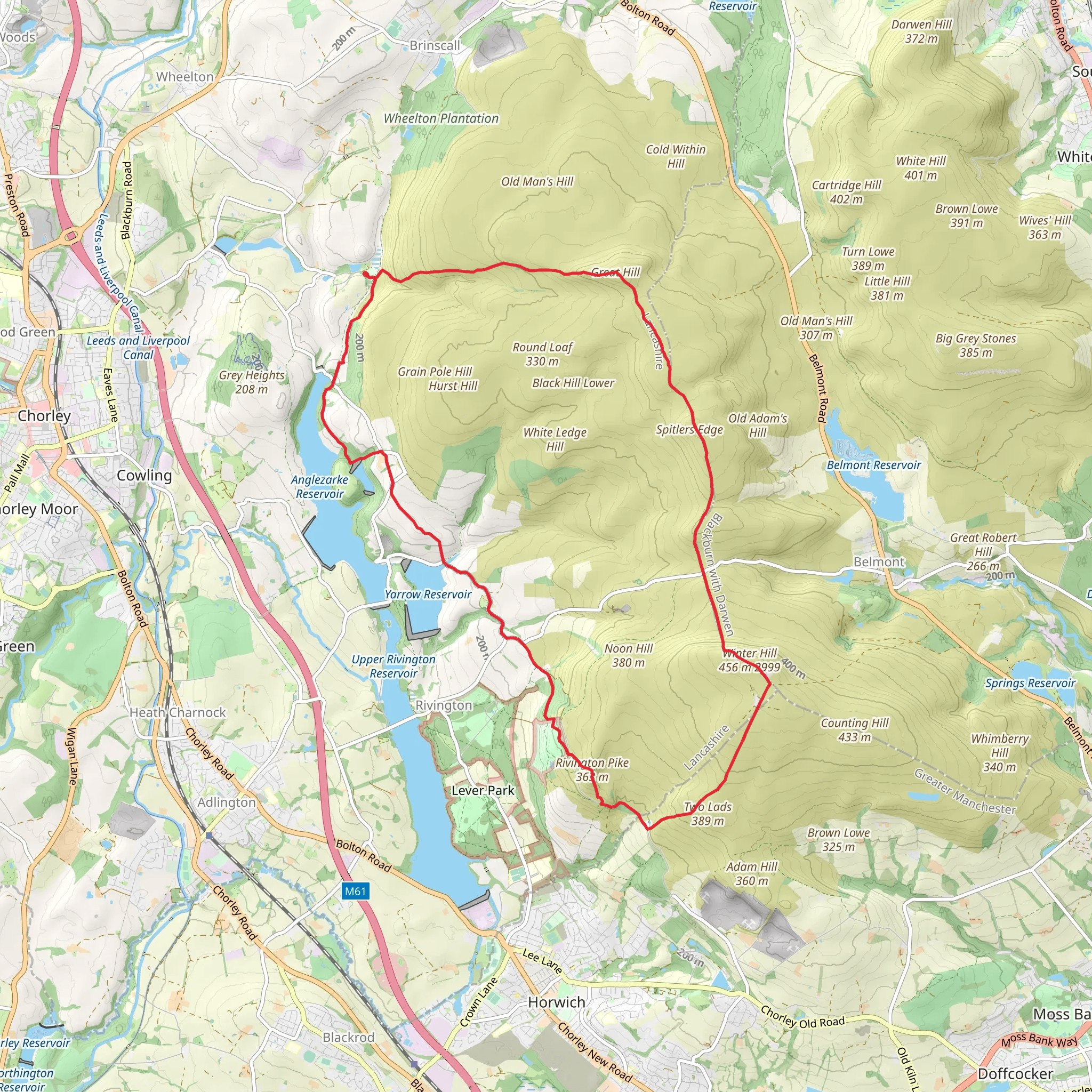 Winter Hill and Rivington Pike Loop via Yarrow Reservoir mobile static map