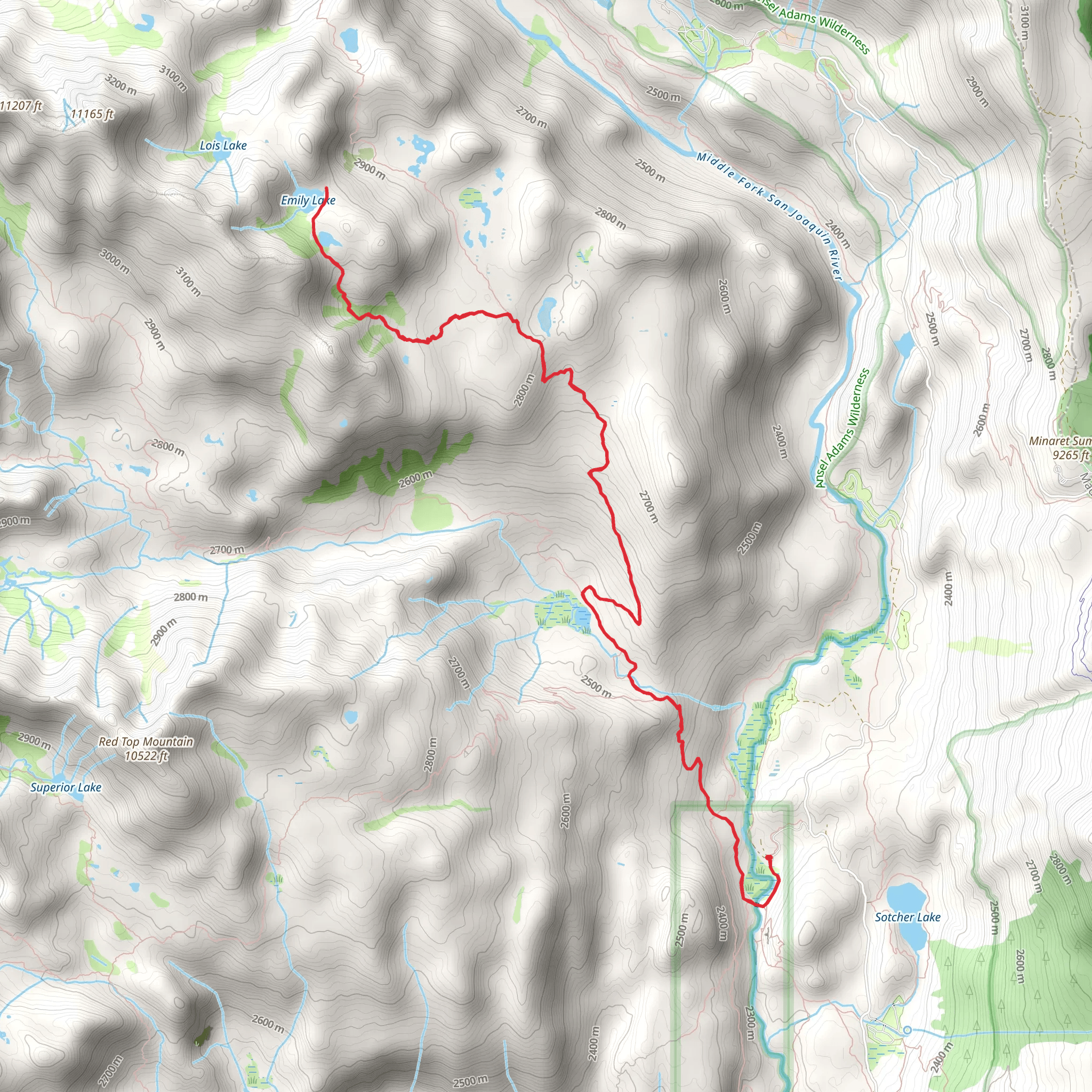 Emily Lake via John Muir Trail mobile static map