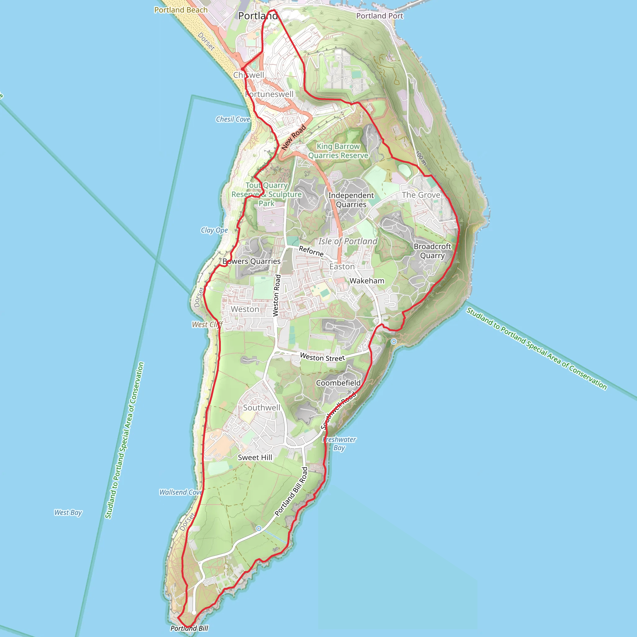 Portland Bill Loop via SWCP and Hardy Way mobile static map
