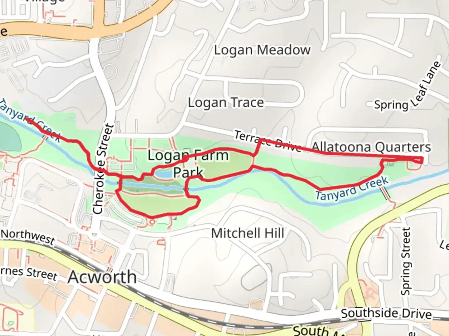 An image depicting the trail Logan Farm Park Loop and its surrounding area.