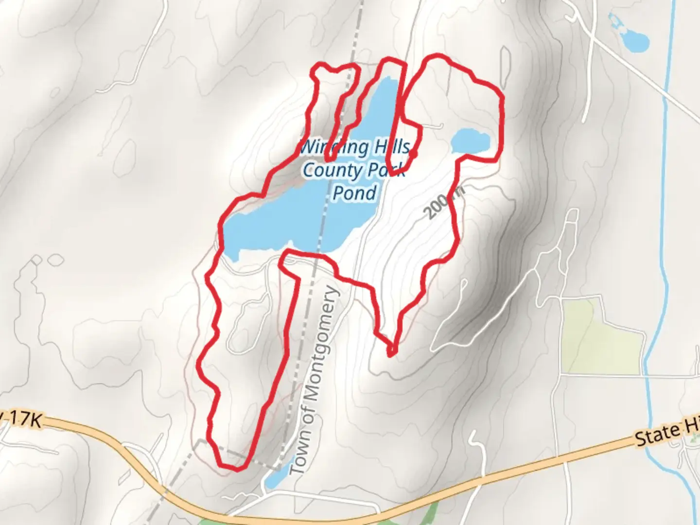 An image depicting the trail Winding Hills County Park Ponds Loop - State Highway 17K and its surrounding area.