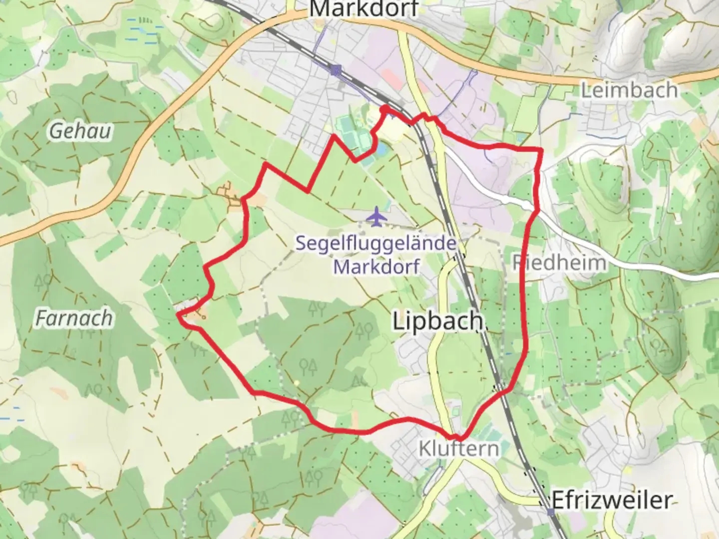 An image depicting the trail Wanderwege Markdorf Hasenweg Loop and its surrounding area.