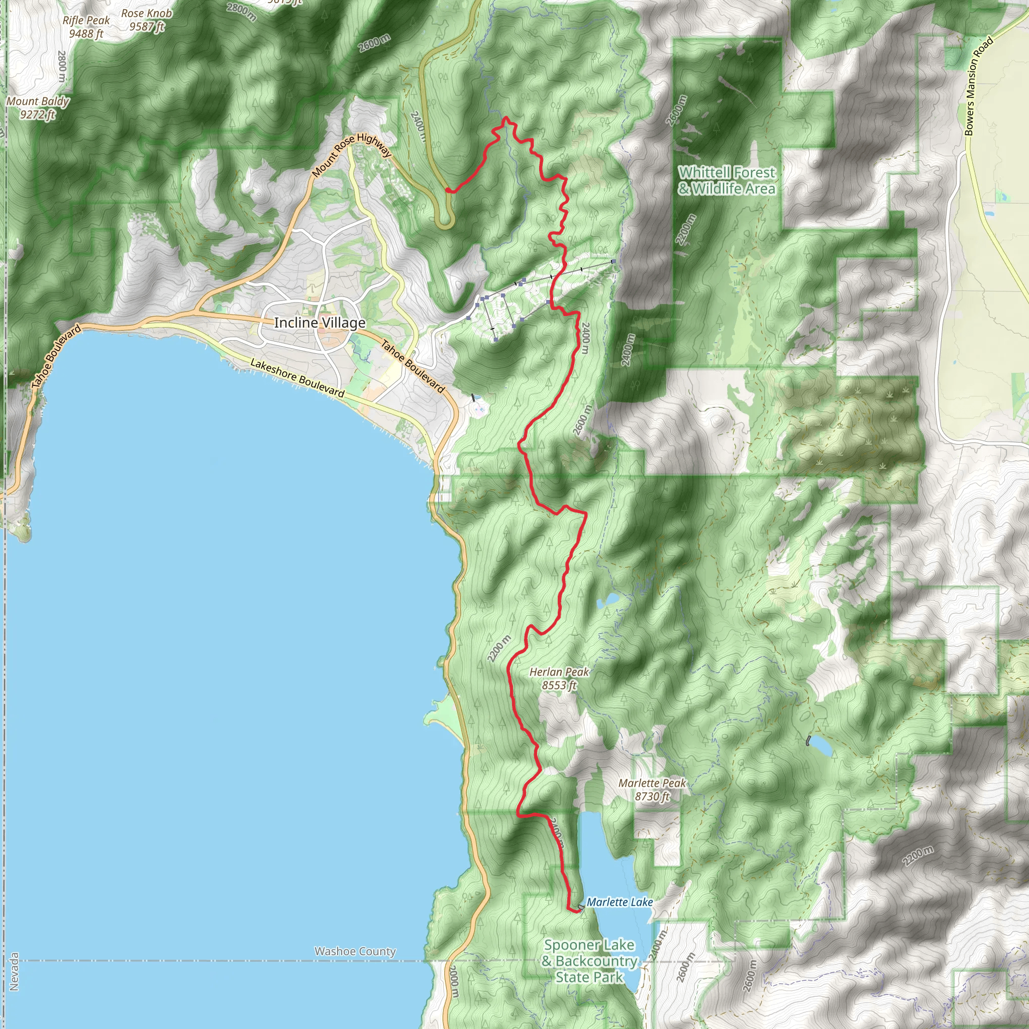 Marlette Lake via Marlette Flume and Incline Flume Trail mobile static map