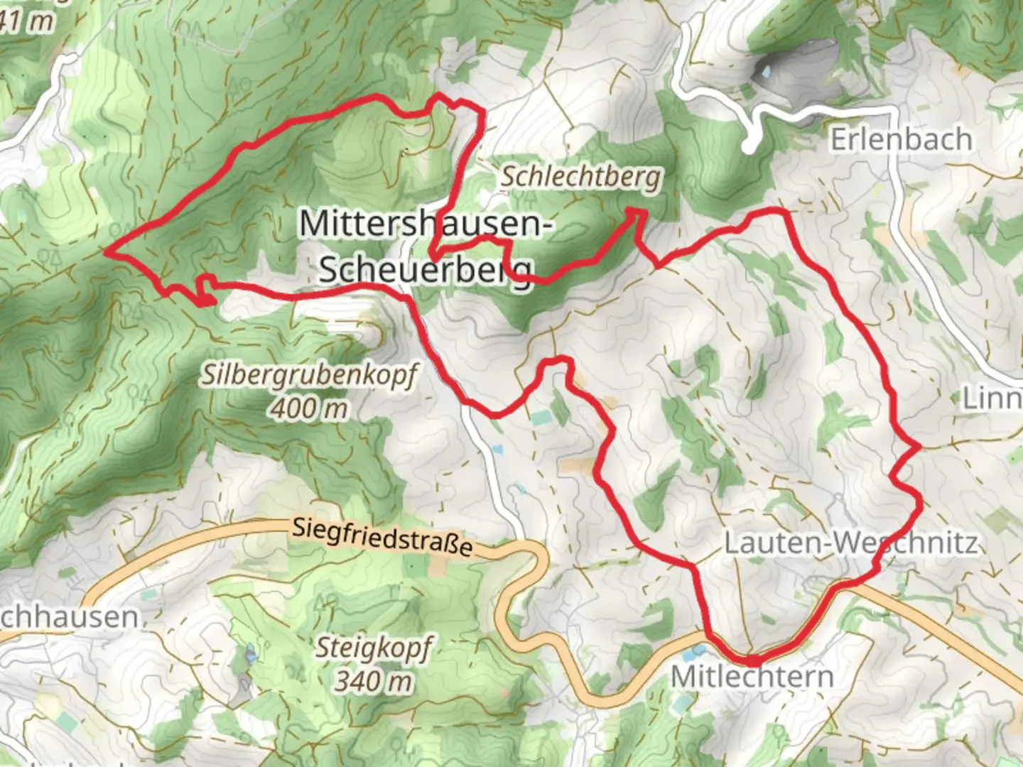 An image depicting the trail Hambacher Grenzweg and Igelsbachstraße Loop and its surrounding area.