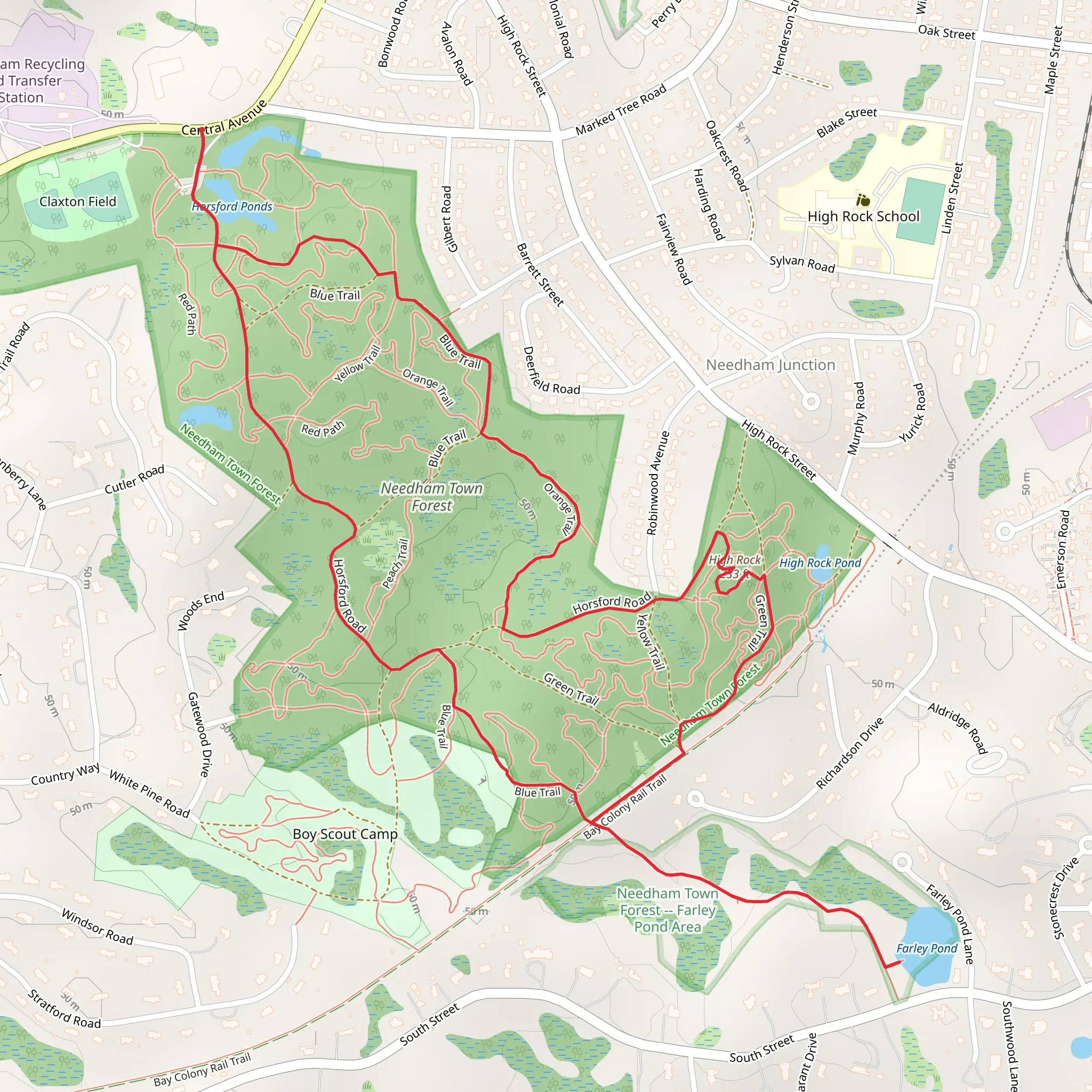 Needham Town Forest and Farley Pond Loop Trail mobile static map