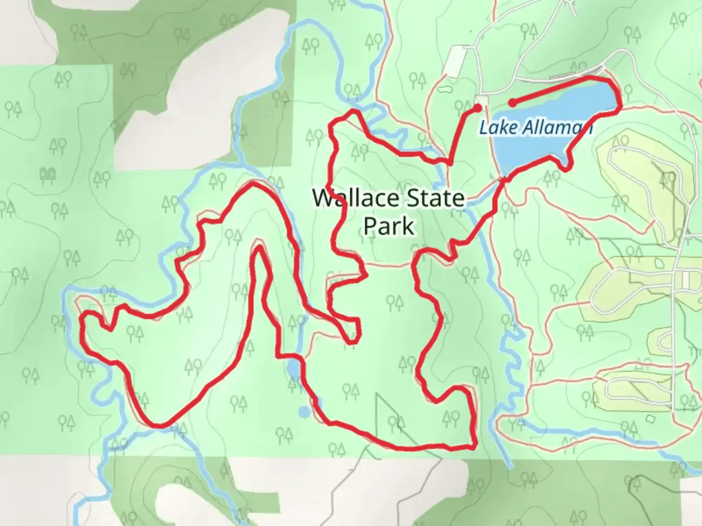 An image depicting the trail Deer Run Trail and White Connector 1 Loop and its surrounding area.
