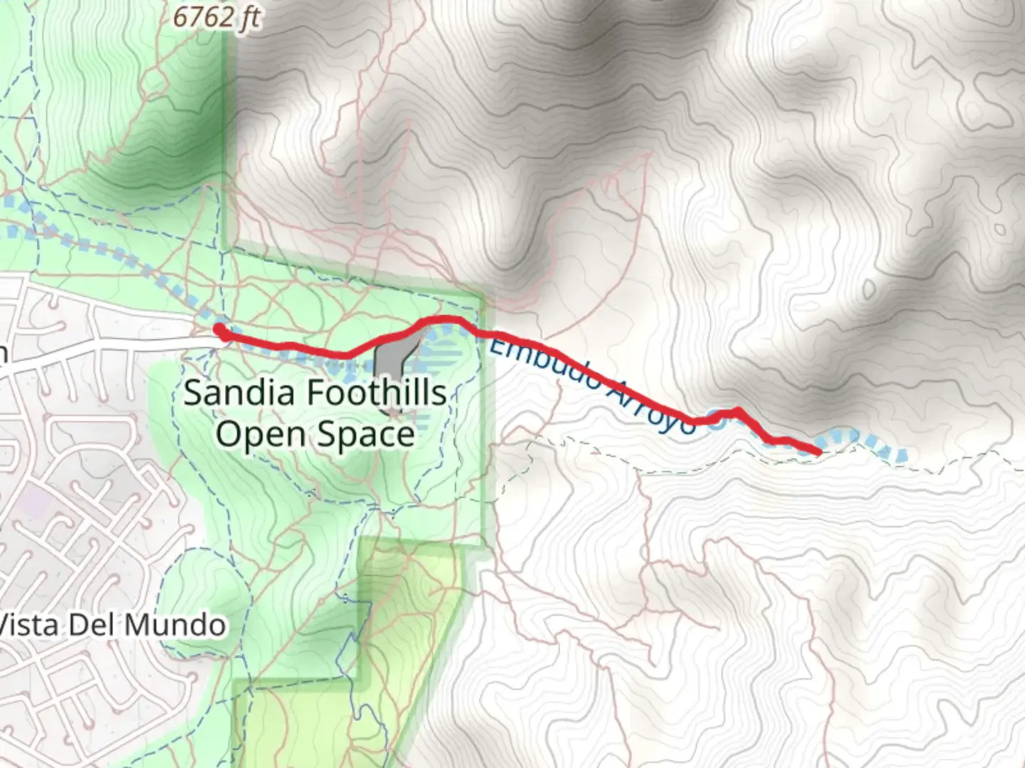 An image depicting the trail Embudo Trail Out and Back and its surrounding area.