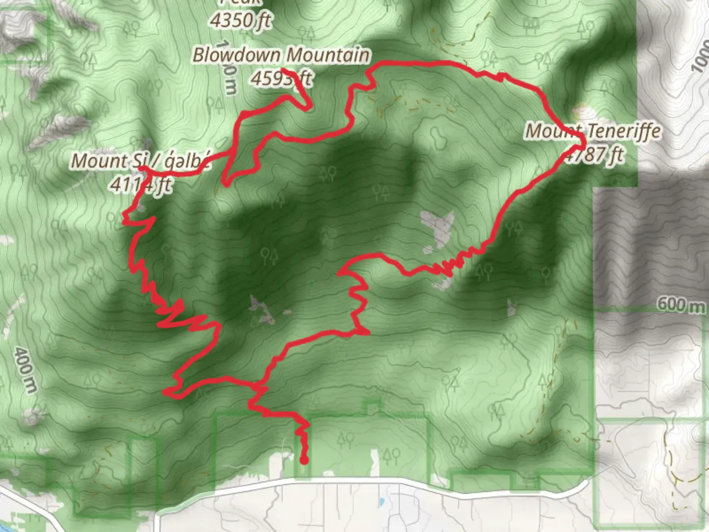 An image depicting the trail Roaring Creek, Mount Teneriffe, Blowdown Mountain and Mount Si Loop Trail and its surrounding area.