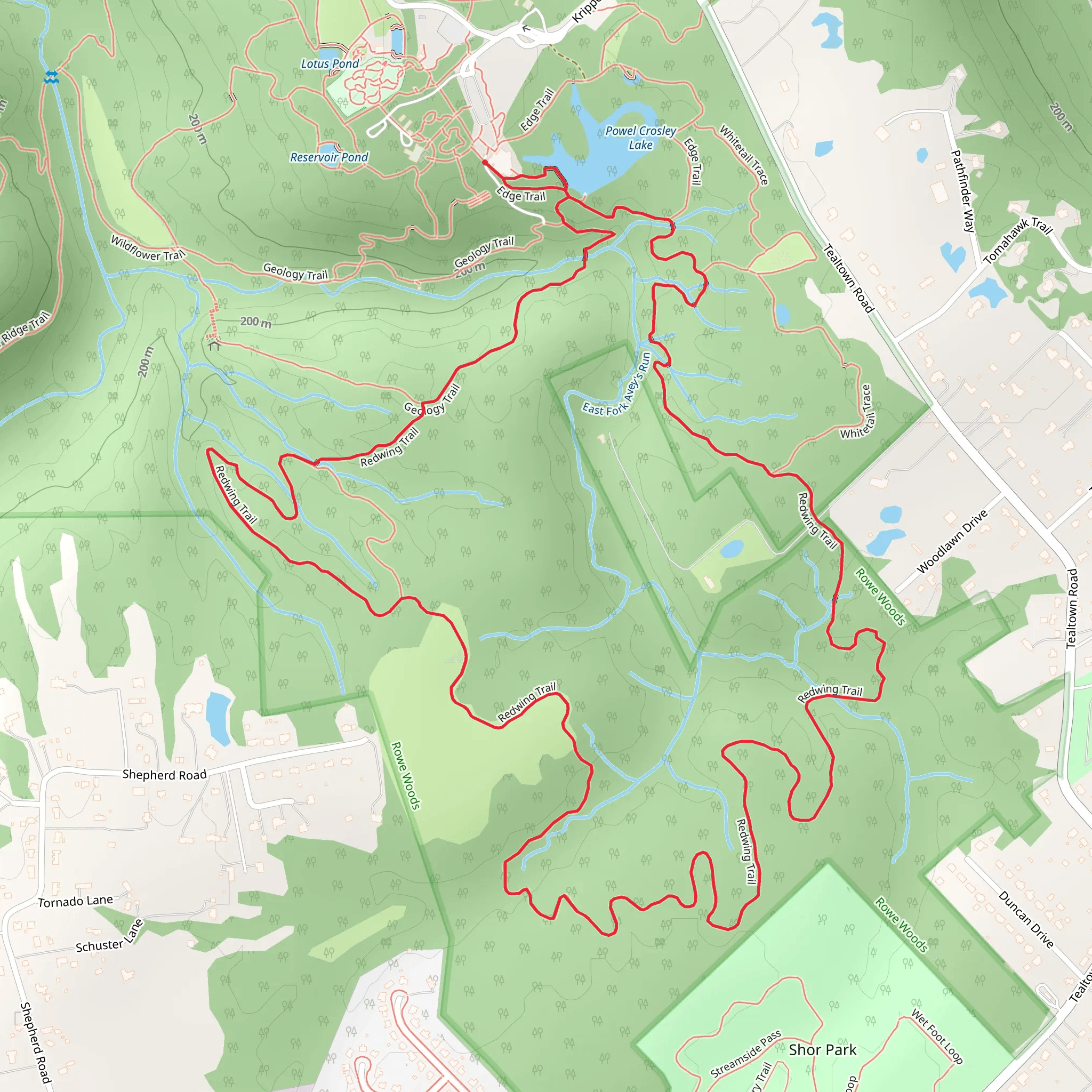 Powel Crosley Lake - Path Geology - Redwing Loop Trail mobile static map