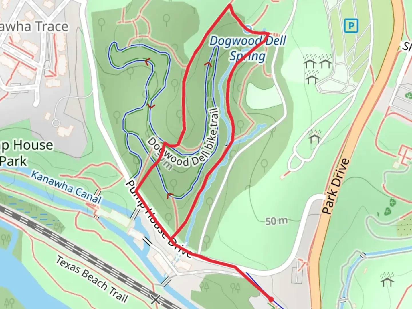 An image depicting the trail Dogwood Dell Hiking Loop Trail and its surrounding area.