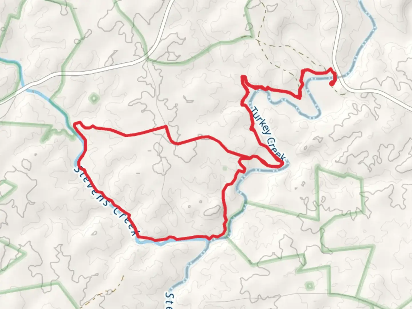 An image depicting the trail Turkey Creek Loop Trail from Key Bridge and its surrounding area.