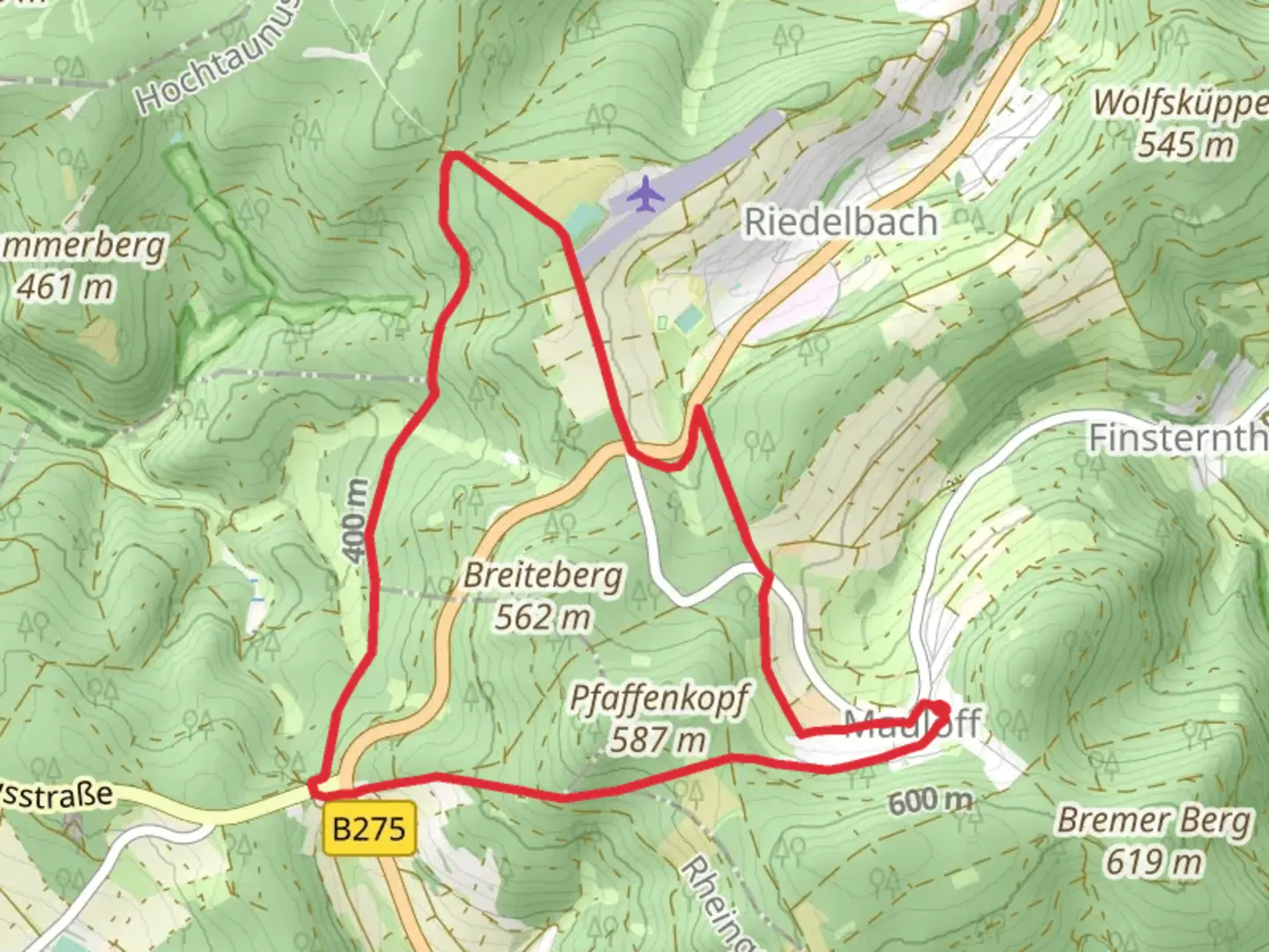 An image depicting the trail Rundwanderweg Eichenblatt Mauloff and Taunusklub Route and its surrounding area.