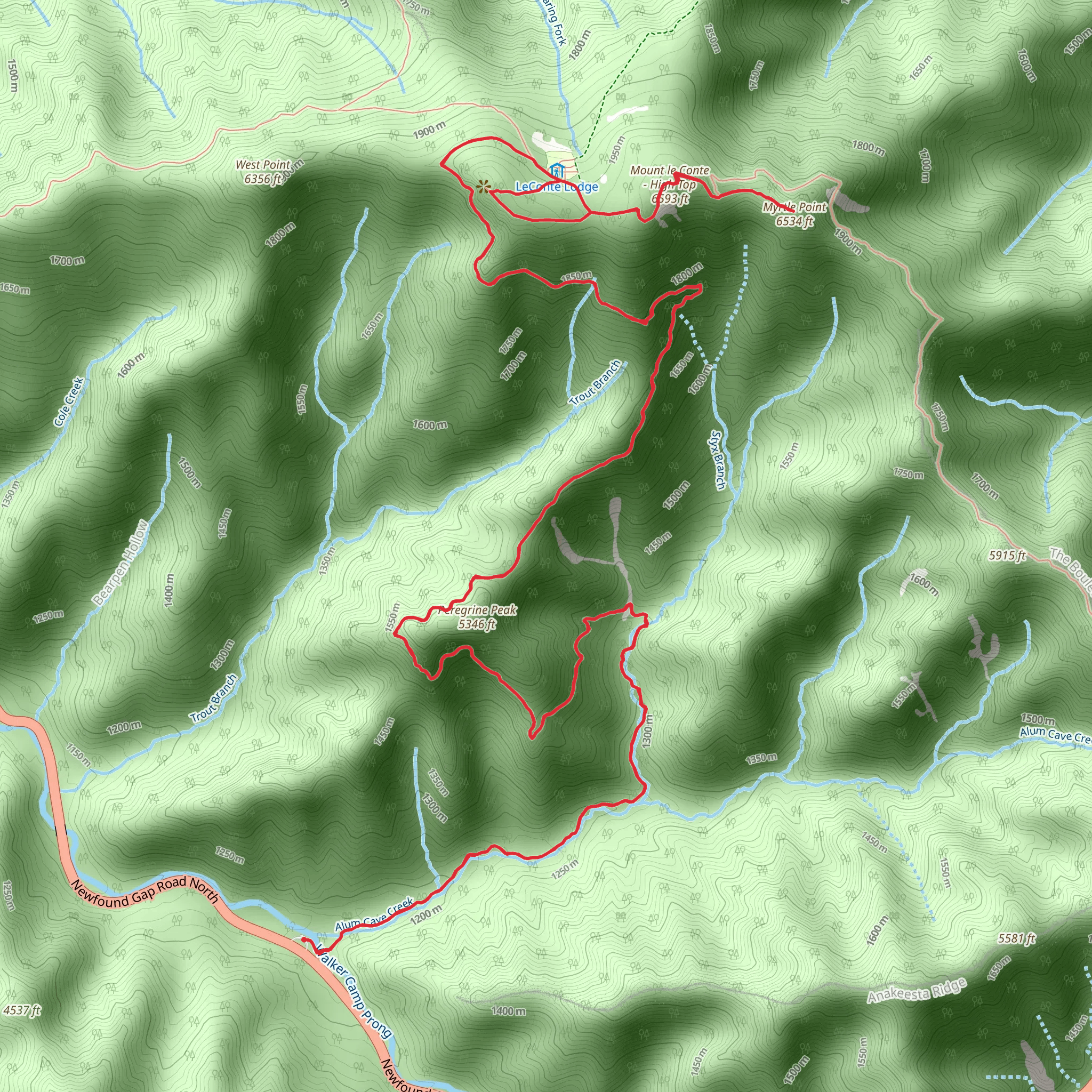 Myrtle Point, Mount le Conte and Cliif Top via Alum Cave Trail mobile static map